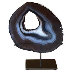 Antique Dark Brown with Blue Rings Thin Slice Agate Sculpture, Brazil, Prehistoric