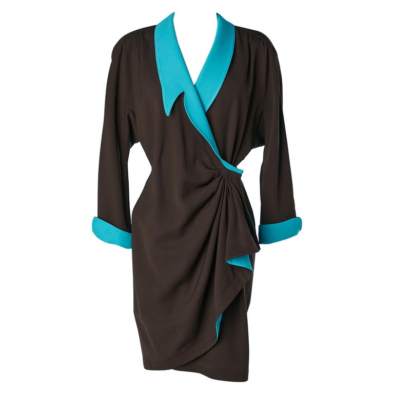 Dark brown wrap dress in wool with turquoise collar and cuffs Thierry  Mugler For Sale at 1stDibs