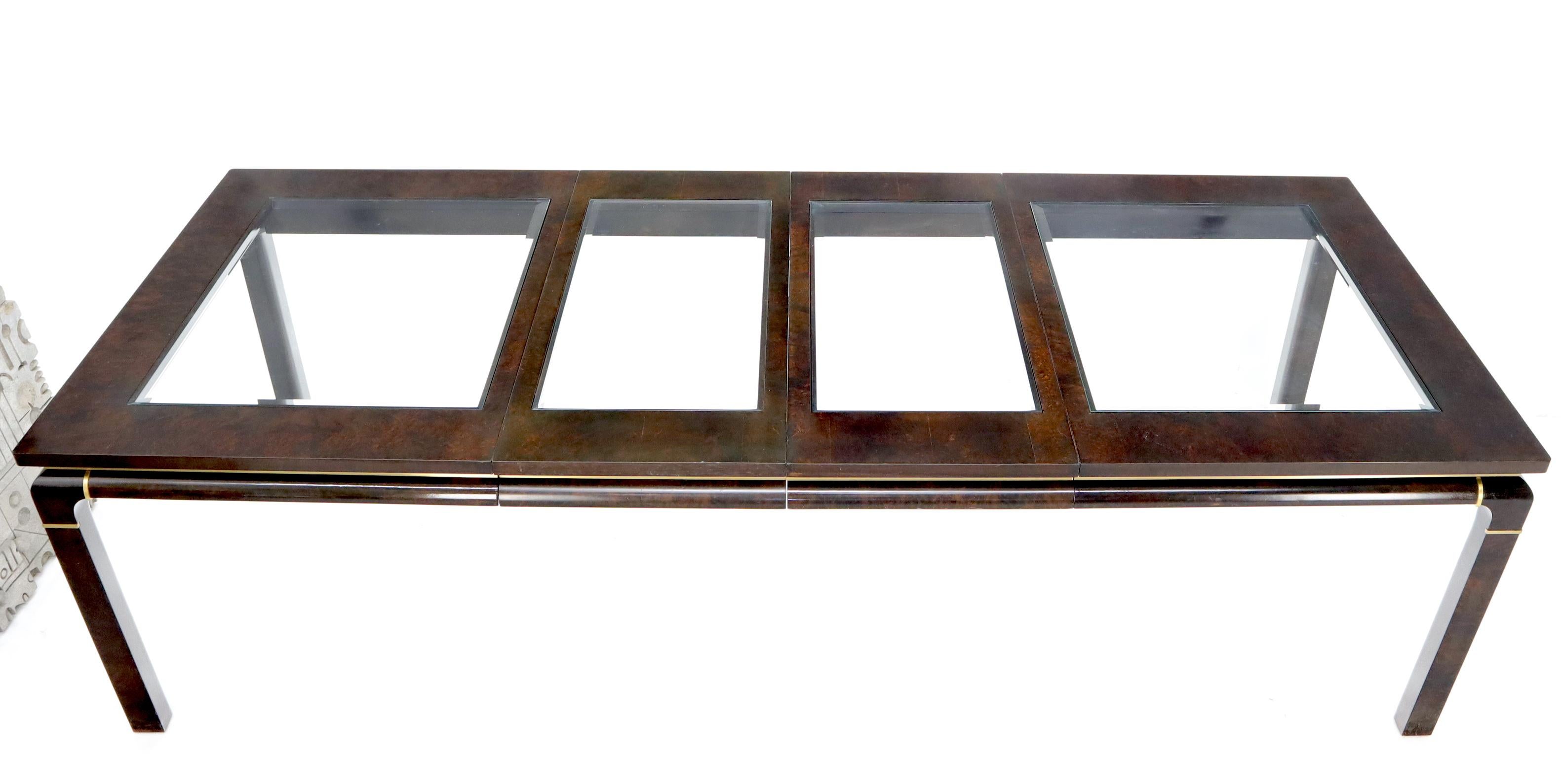 Dark Burl Wood Glass Top Inserts Two Extension boards Leaves Dining Table For Sale 7