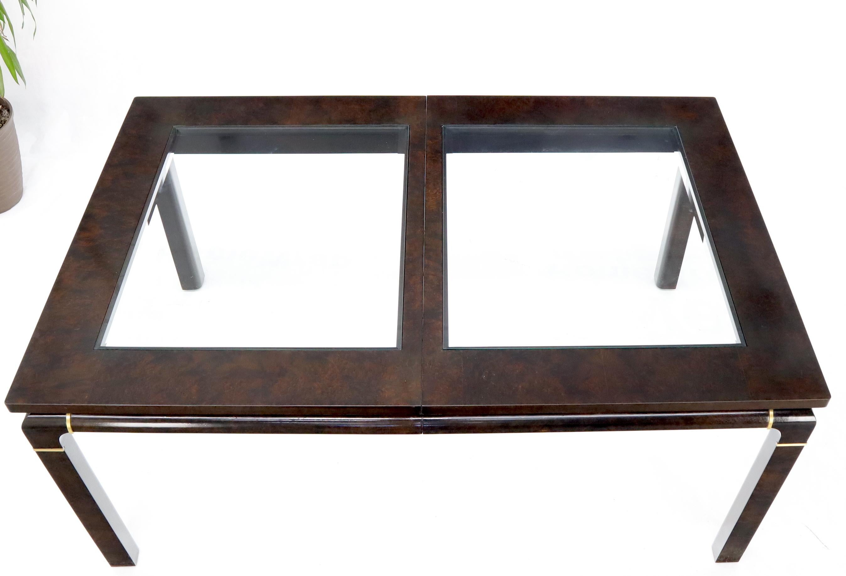 Mid-Century Modern Dark Burl Wood Glass Top Inserts Two Extension boards Leaves Dining Table For Sale