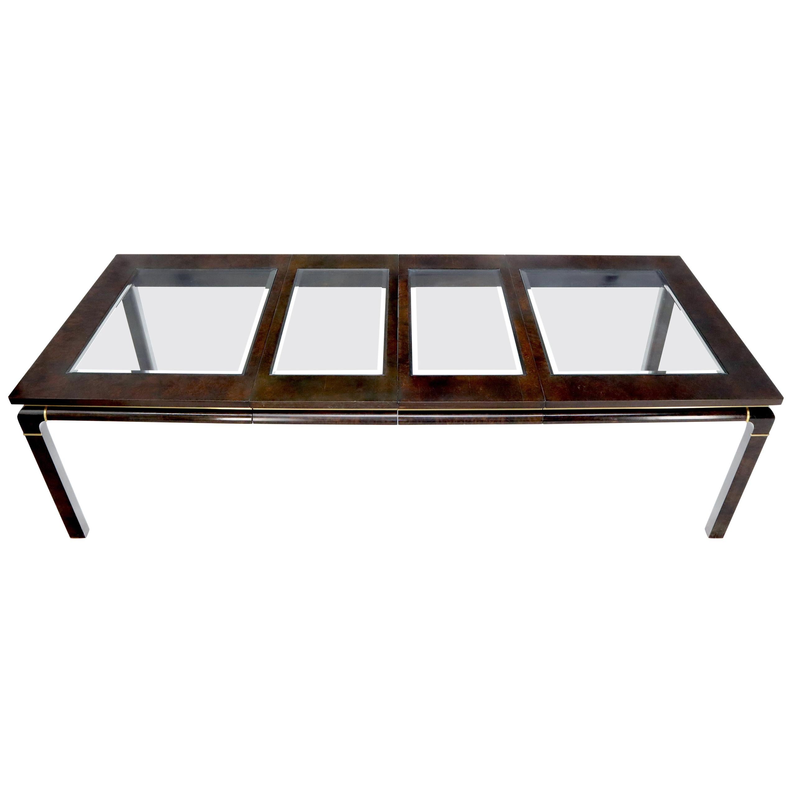 Dark Burl Wood Glass Top Inserts Two Extension boards Leaves Dining Table For Sale