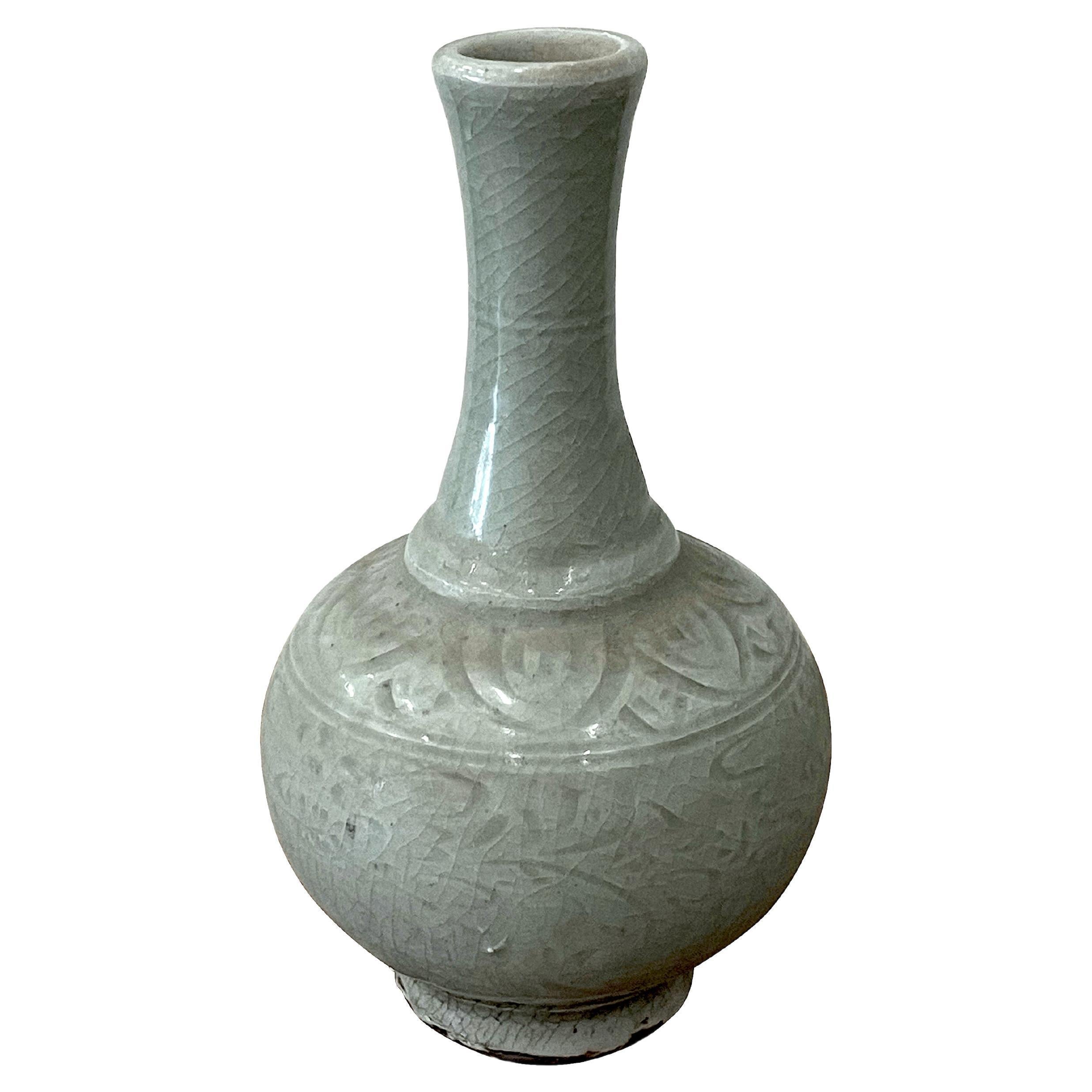 Dark Celedon Glaze Tulip Shape Overall Patterned Vase, China, Contemporary