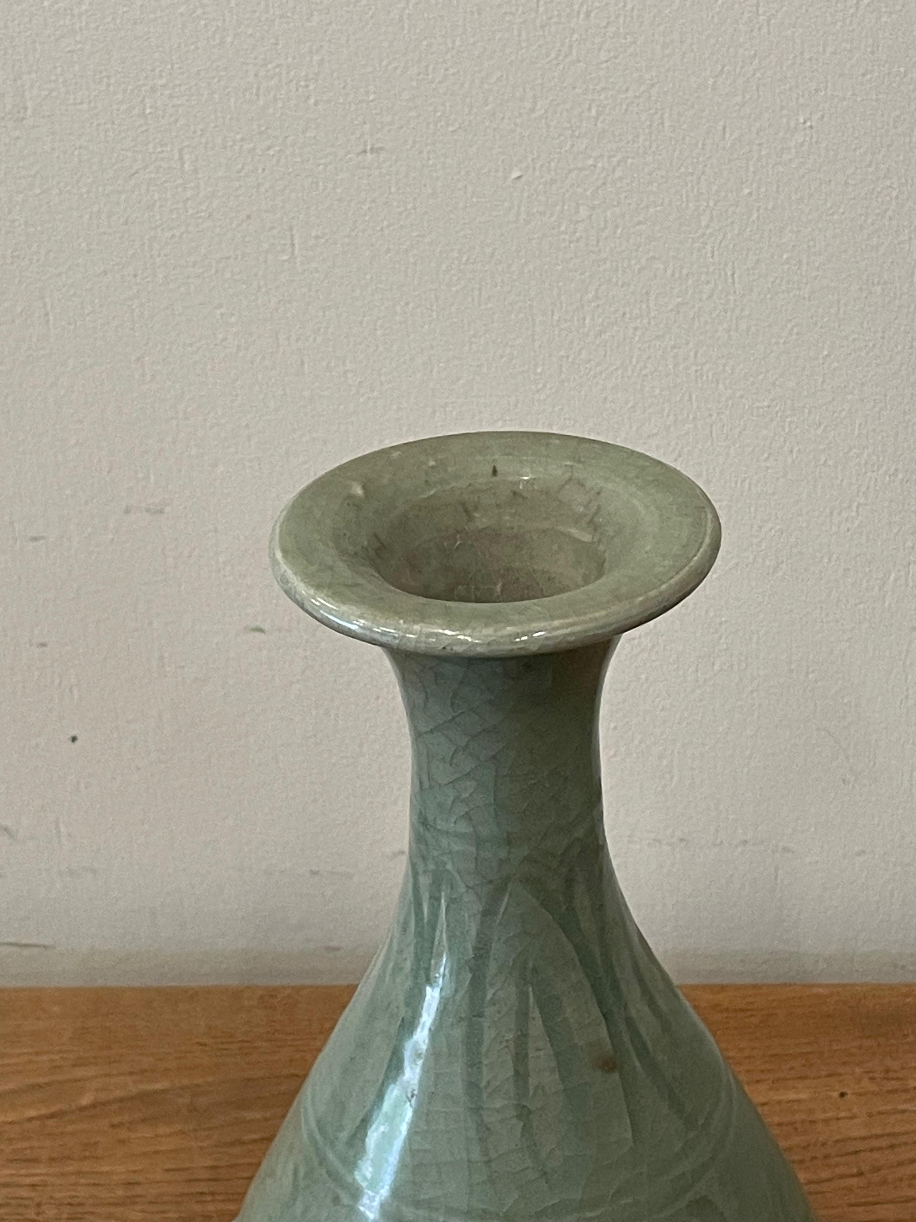 Chinese Dark Celedon Overall Pattern Tulip Shape Vase, China, Contemporary For Sale