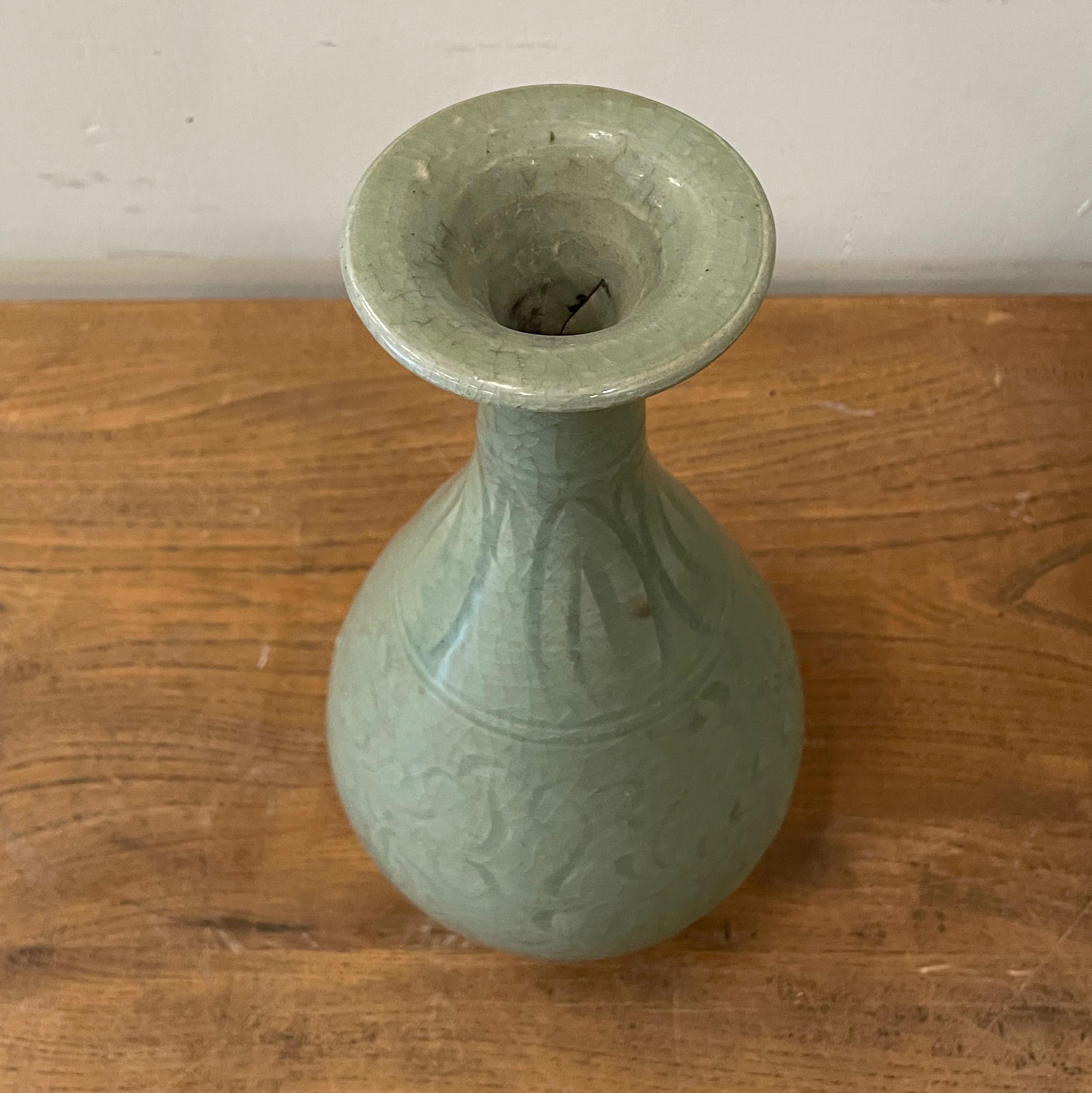 Ceramic Dark Celedon Overall Pattern Tulip Shape Vase, China, Contemporary For Sale