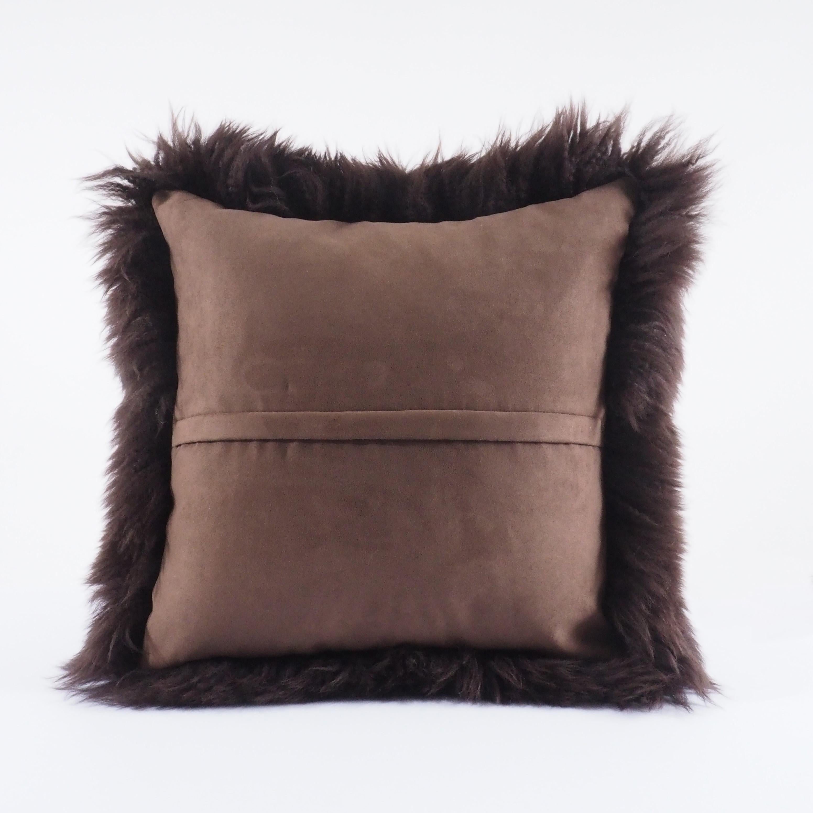 Italian Dark Chocolate Brown Shearling Sheepskin Pillow Fluffy Cushion by Muchi Decor For Sale