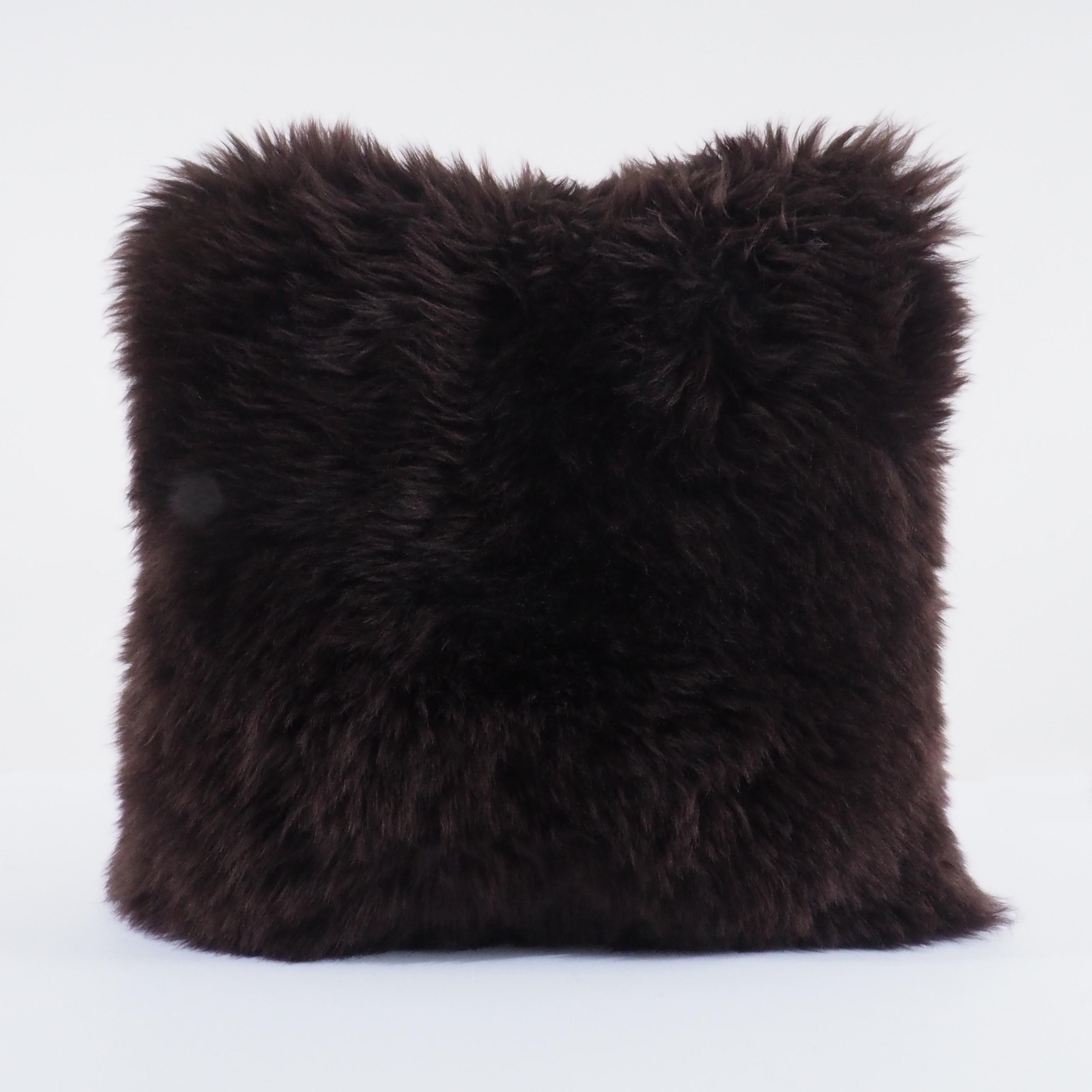 Dark Chocolate Brown Shearling Sheepskin Pillow Fluffy Cushion by Muchi Decor In New Condition For Sale In Poviglio, IT