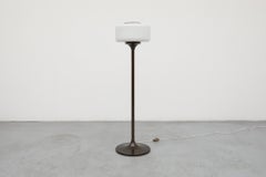 Dark Copper Toned Pedestal Floor Lamp with Pill Shaped Milk Glass Shade