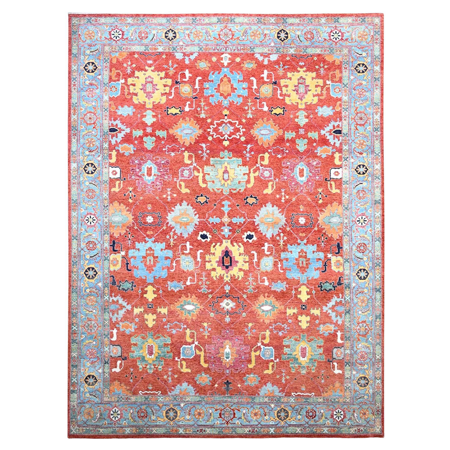 Dark Coral Orange Wool Afghan Peshawar Serapi Heriz Oriental Rug 9'10" x 14'2"