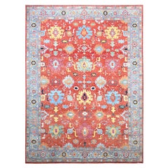 Dark Coral Orange Wool Afghan Peshawar Serapi Heriz Oriental Rug 9'10" x 14'2"
