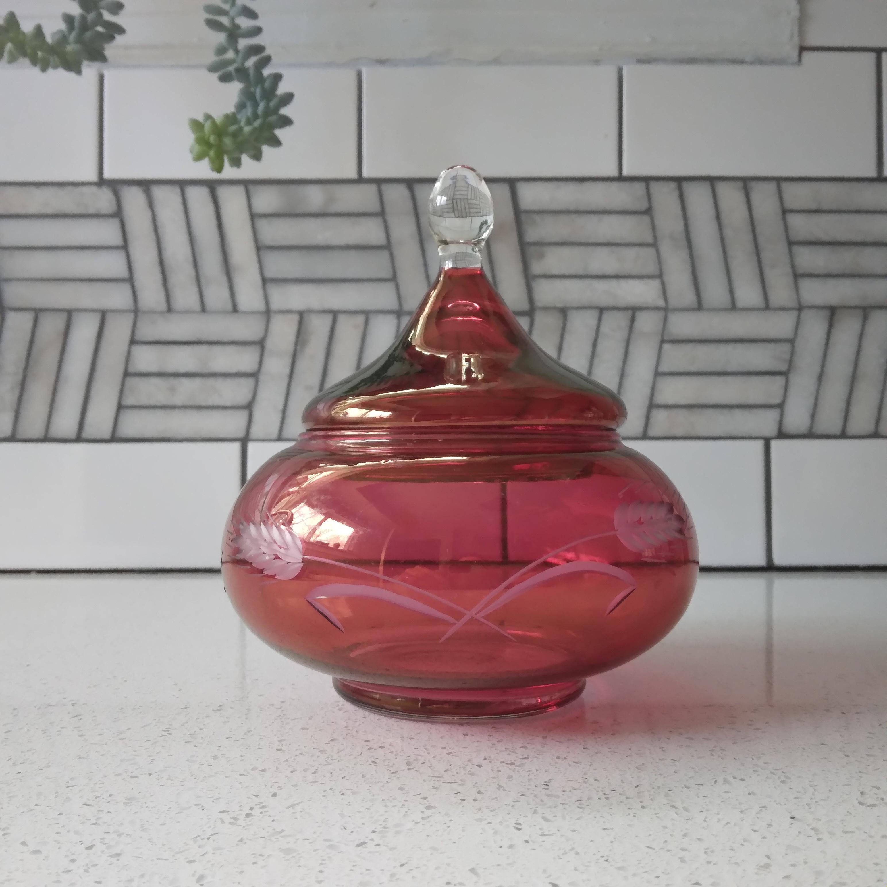 Glass Dark Cranberry Pink Candy Dish With Lid - Wheat Design For Sale