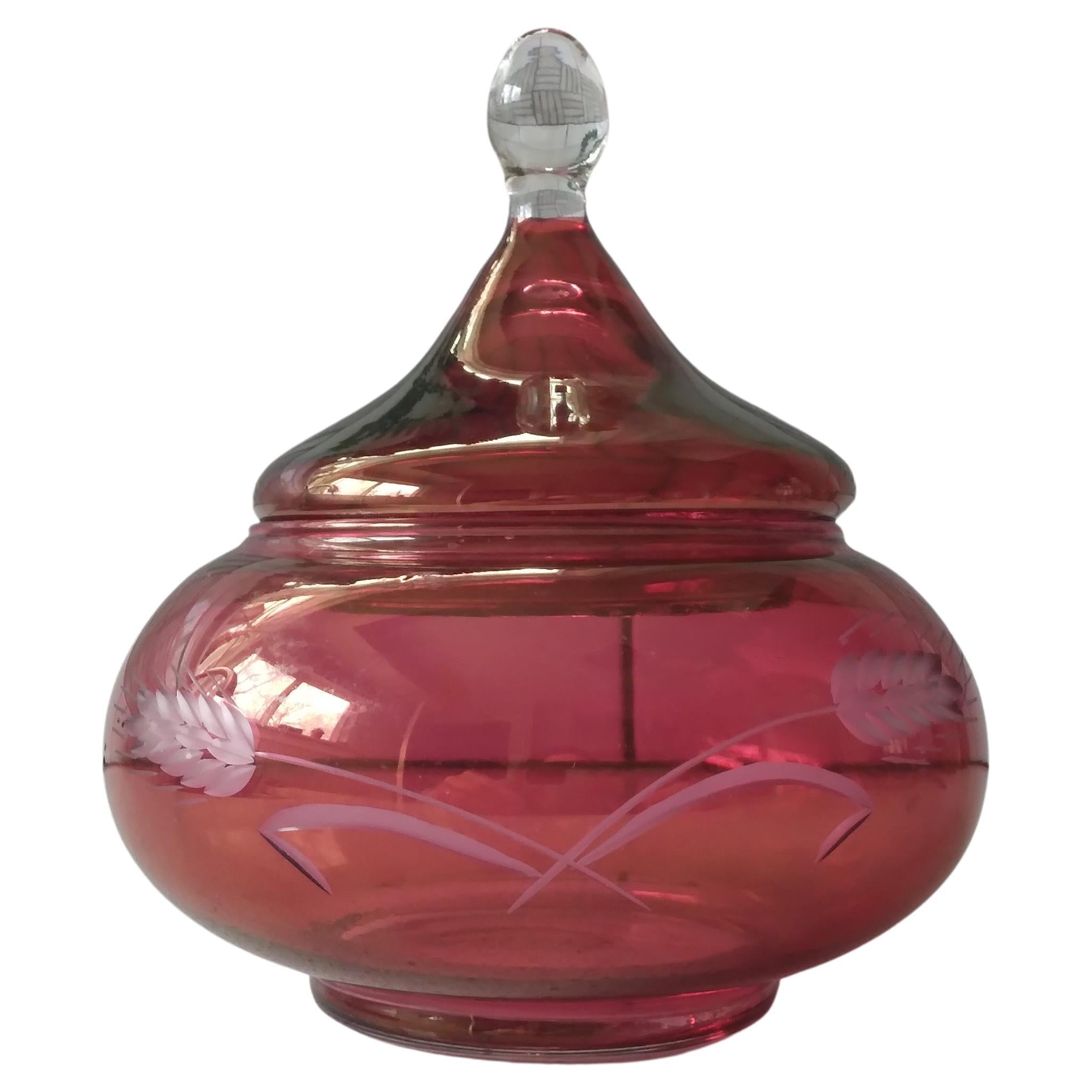 Dark Cranberry Pink Candy Dish With Lid - Wheat Design For Sale