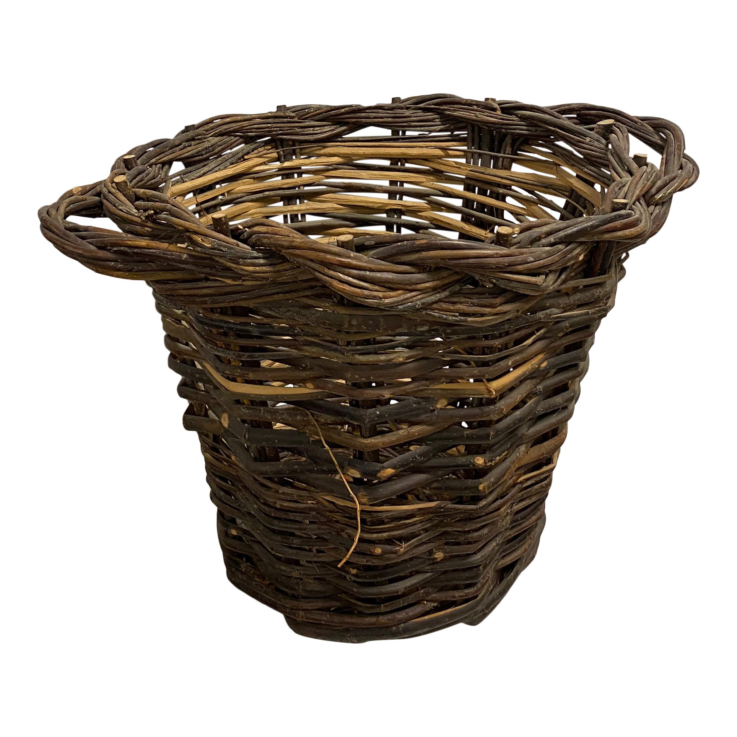 Contemporary Dark Deep Wicker Basket with Handles For Sale