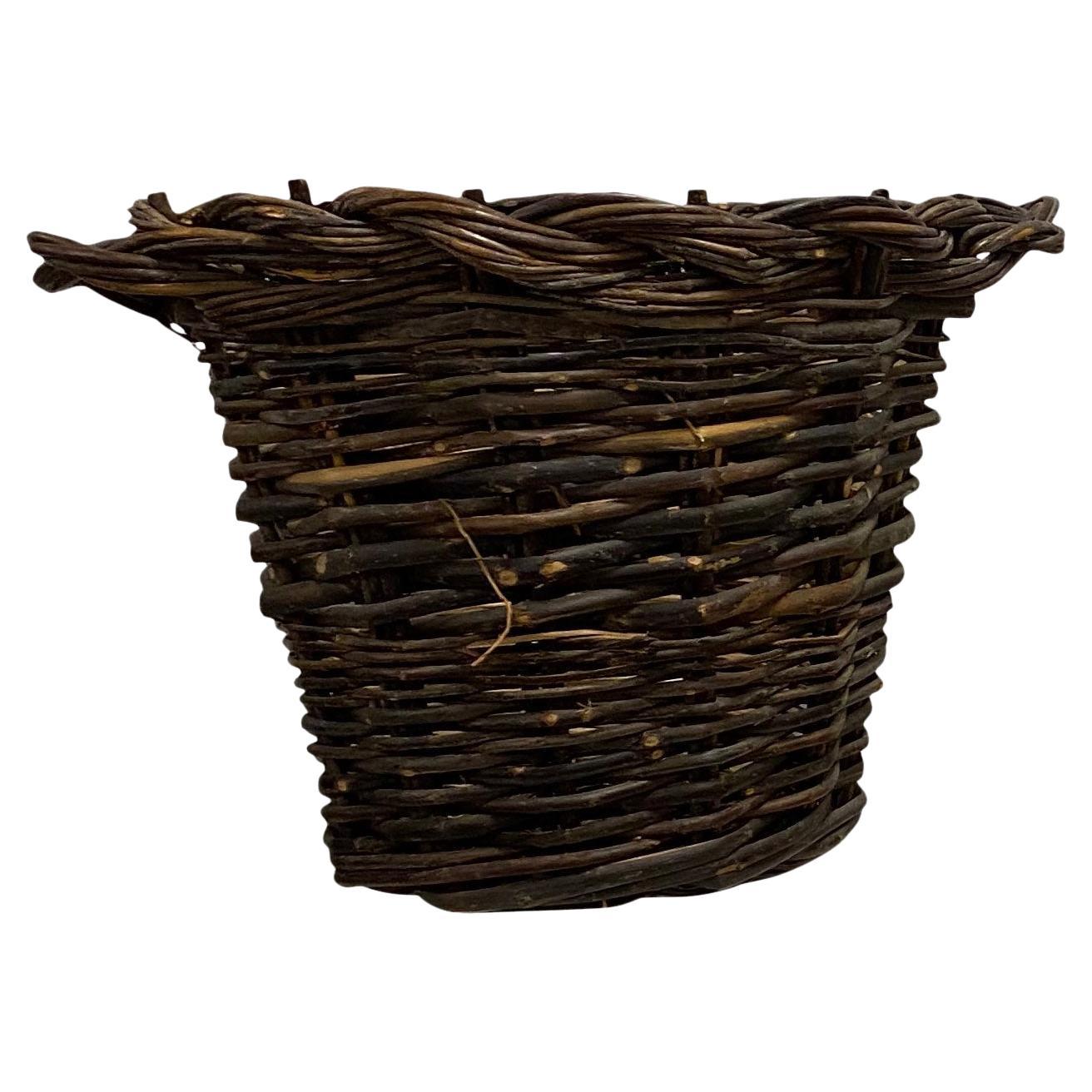 Dark Deep Wicker Basket with Handles For Sale