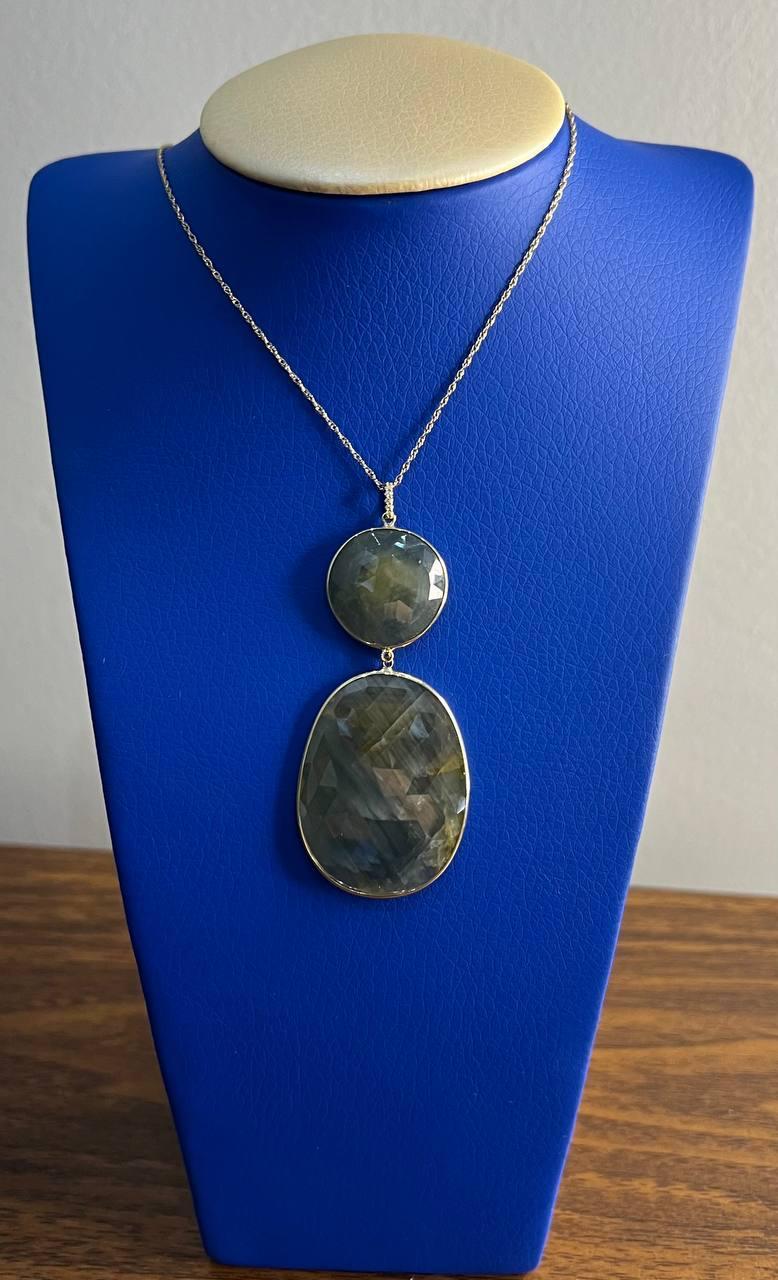 Dark Earthy Green Labradorite Diamonds Halo 14K Gold Statement Earrings For Sale 5