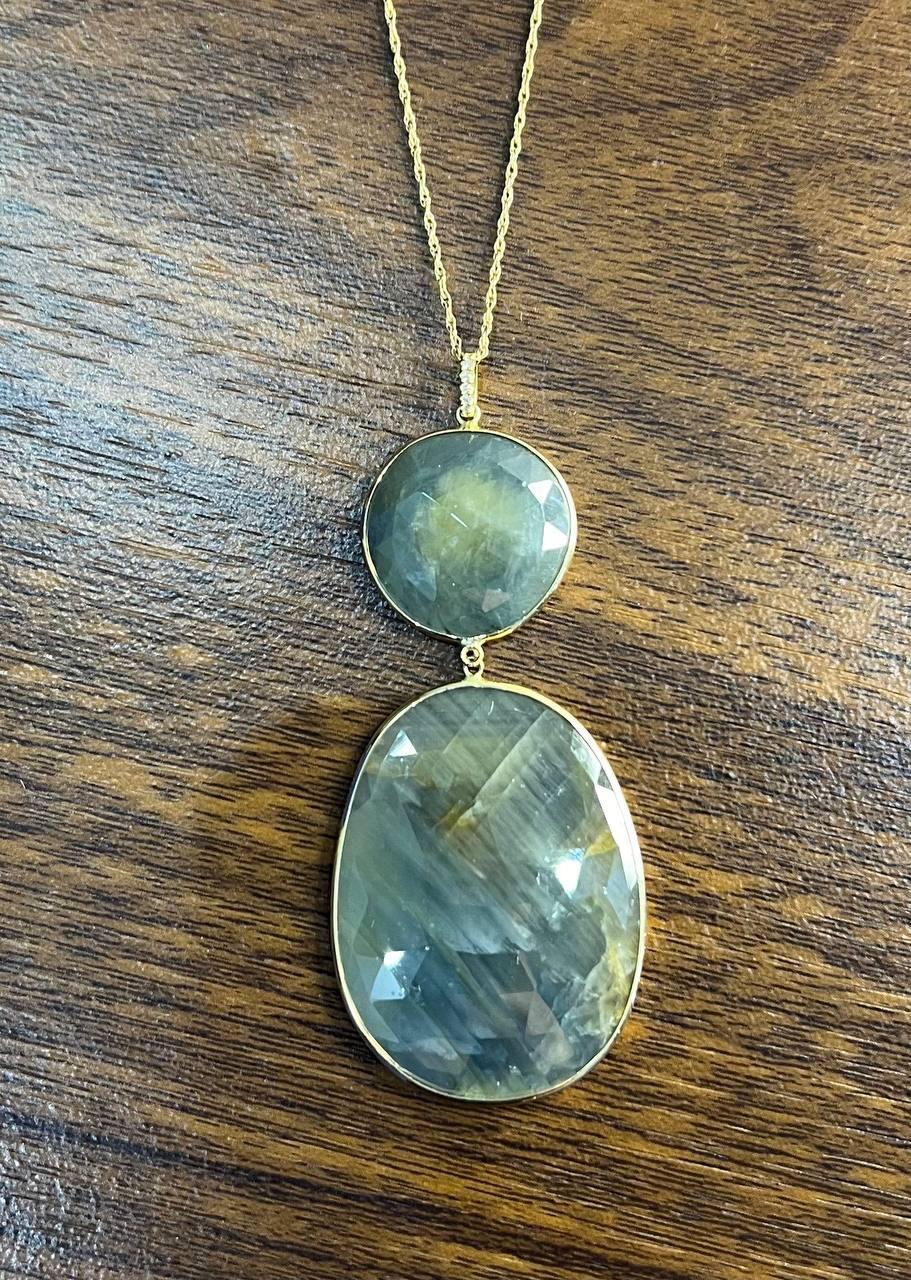 Women's Dark Earthy Green Labradorite Diamonds Halo 14K Gold Statement Earrings For Sale