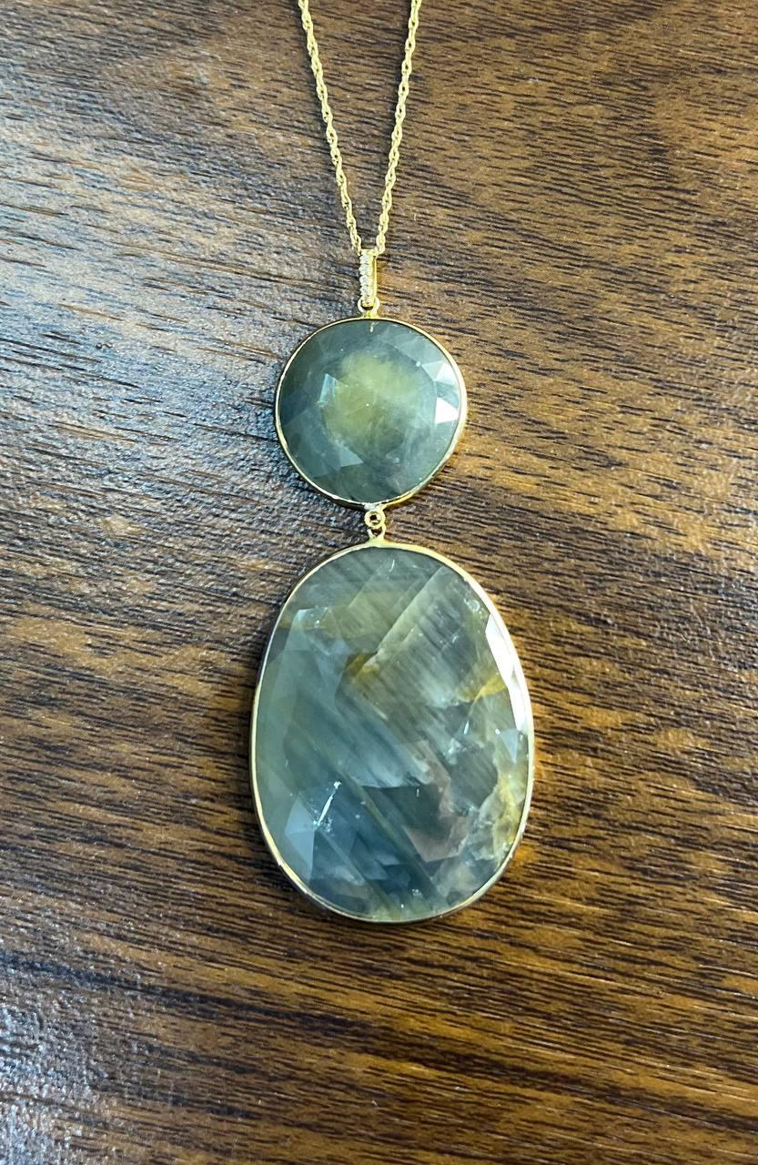 Dark Earthy Green Labradorite Diamonds Halo 14K Gold Statement Earrings For Sale 2