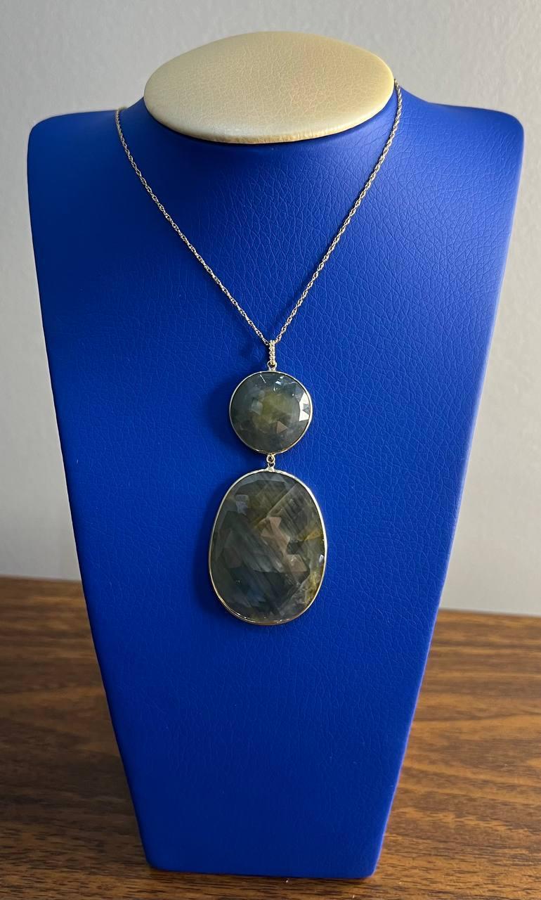 Dark Earthy Green Labradorite Diamonds Halo 14K Gold Statement Earrings For Sale 4