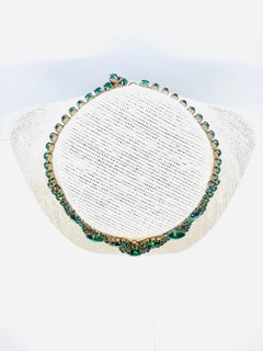 Dark Emerald Green Rhinestone Floral Motif Midcentury Collar Necklace