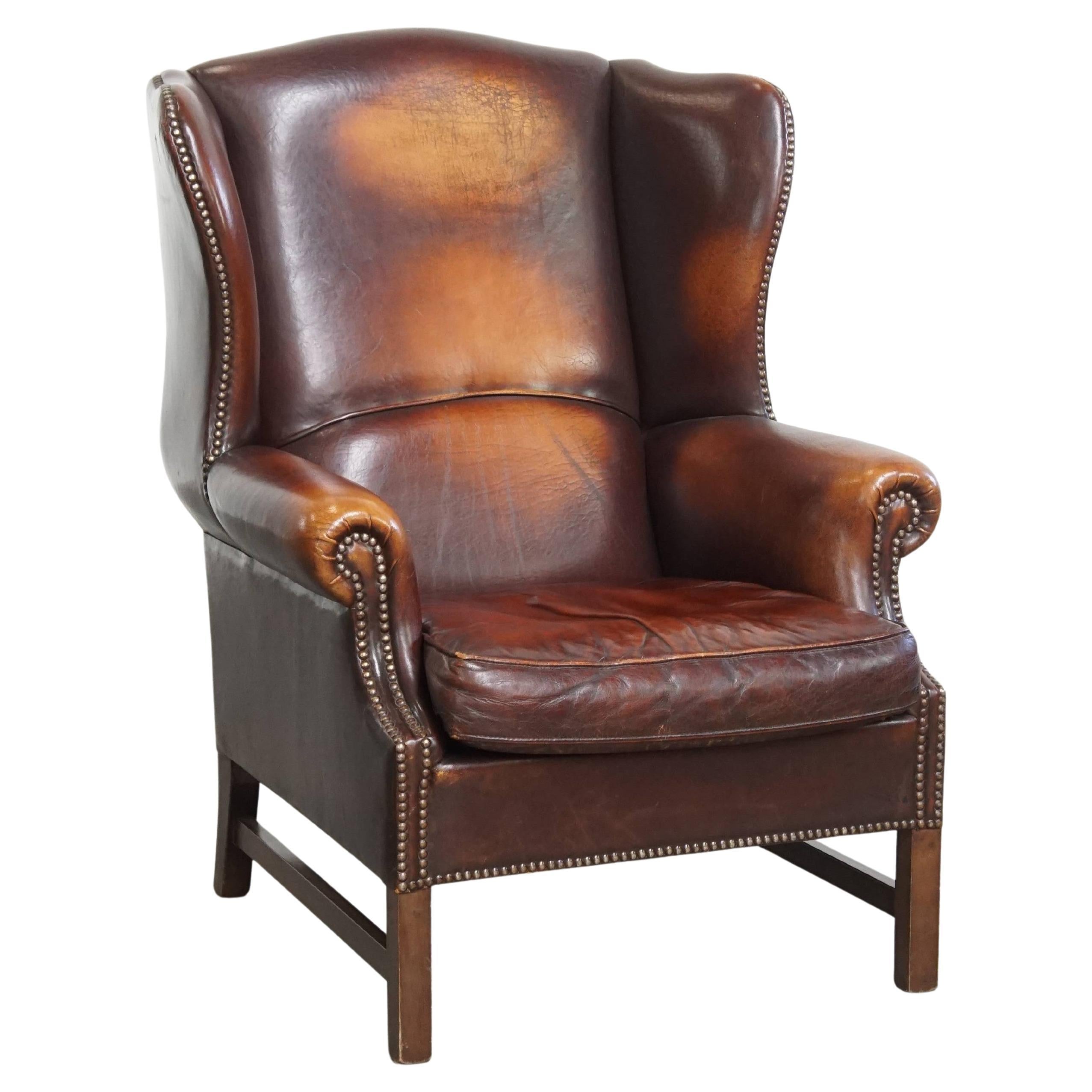 Sedia Wingback in pelle di pecora scura in stile inglese in vendita
