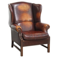 Sedia Wingback in pelle di pecora scura in stile inglese