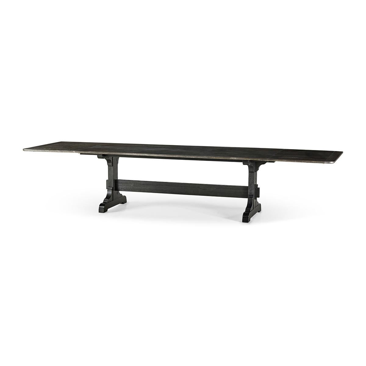 Dark European Ash Trestle end dining table, this extension table opens to 148
