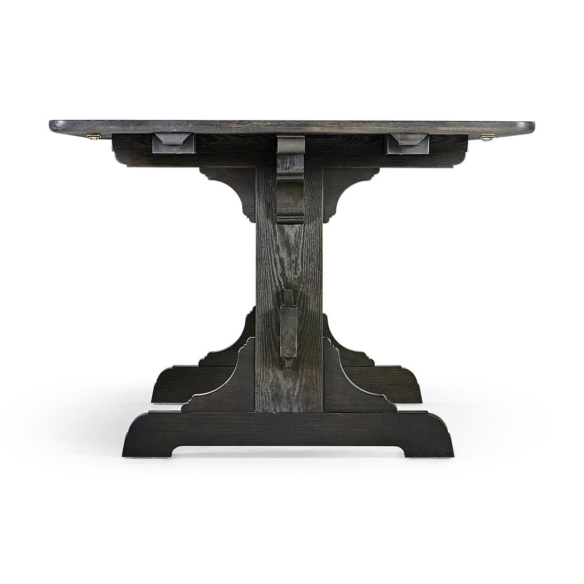 Rustic Dark European Ash Trestle End Dining Table For Sale