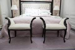 Dark Finishing Carved Solid Wood Pouf in Neoclassical Style, Fabric Upholstery