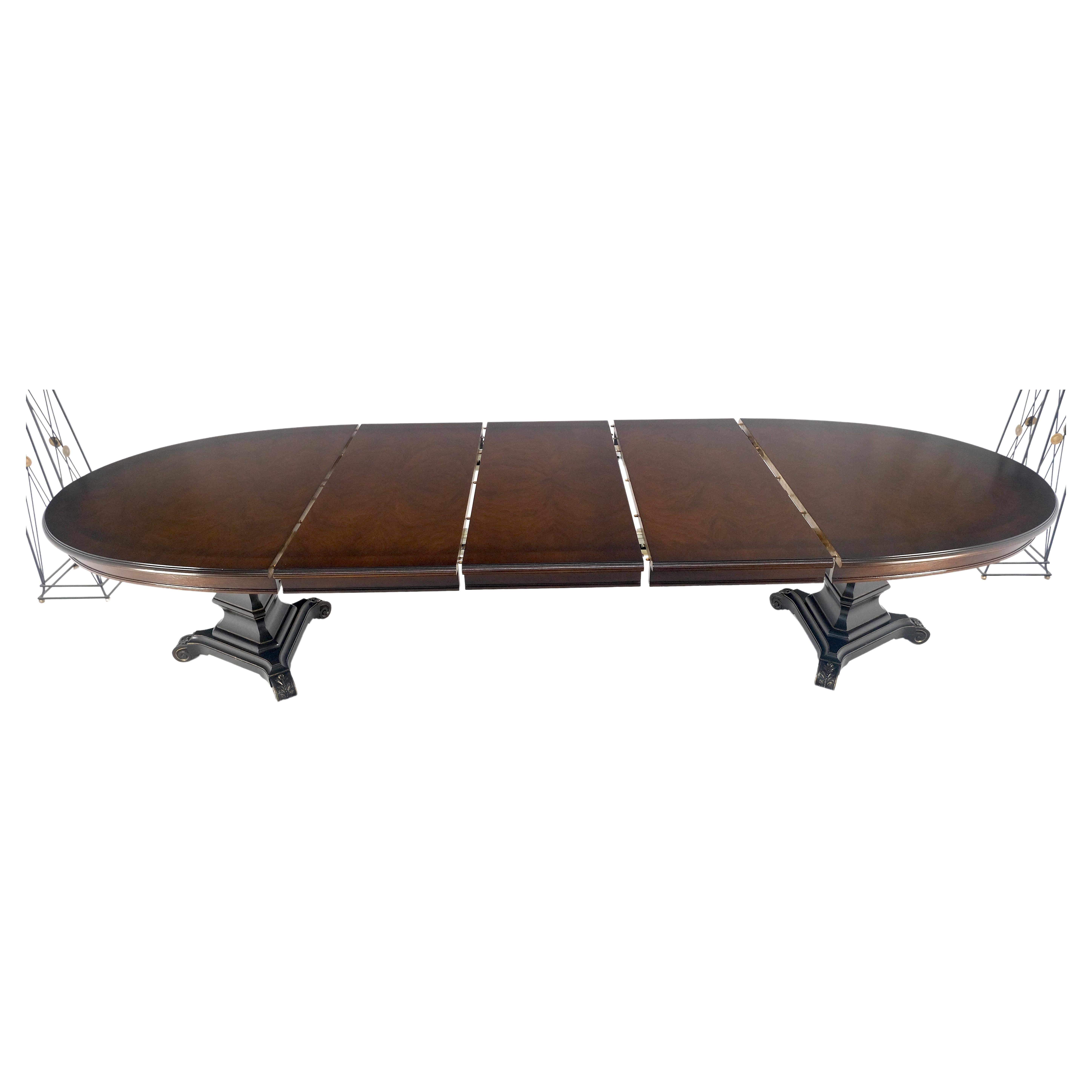 Dark Flame Walnut Banded Double Tripod Pedestal Oval Dining Table 3 Leaves MINT!