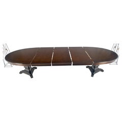 Dark Flame Walnut Banded Double Tripod Pedestal Oval Dining Table 3 Leaves MINT!