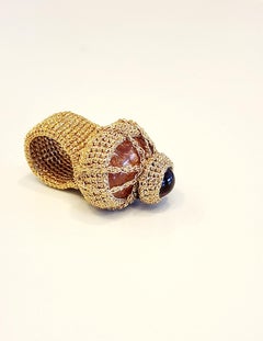 Dark Golden Crochet Cocktail Ring Orange Crystal Cabochon Red Crystal