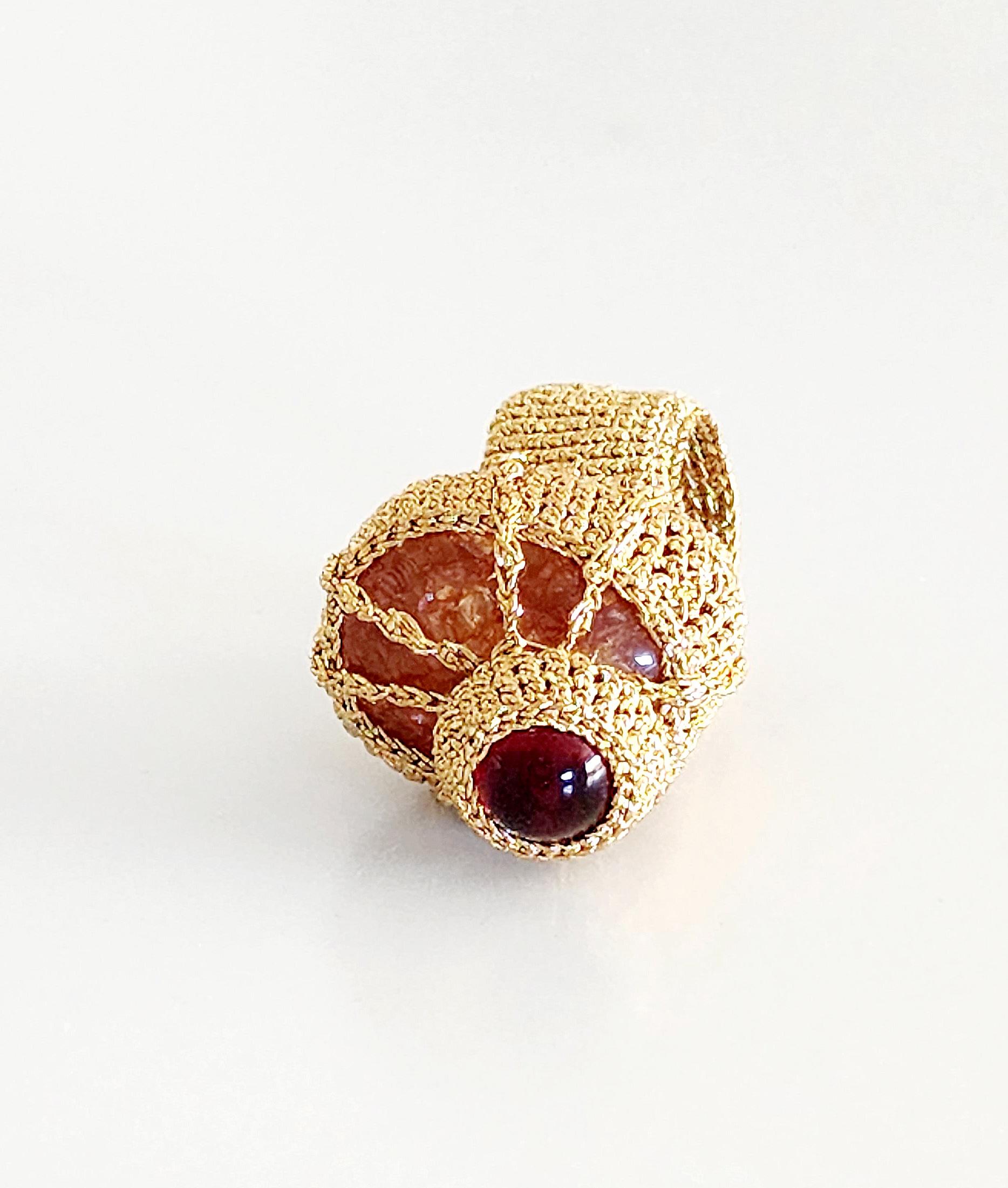 Artist Dark Golden Crochet Cocktail Ring Orange Crystal Cabochon Red Crystal For Sale