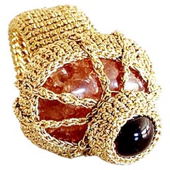 Dark Golden Crochet Cocktail Ring Orange Crystal Cabochon Red Crystal