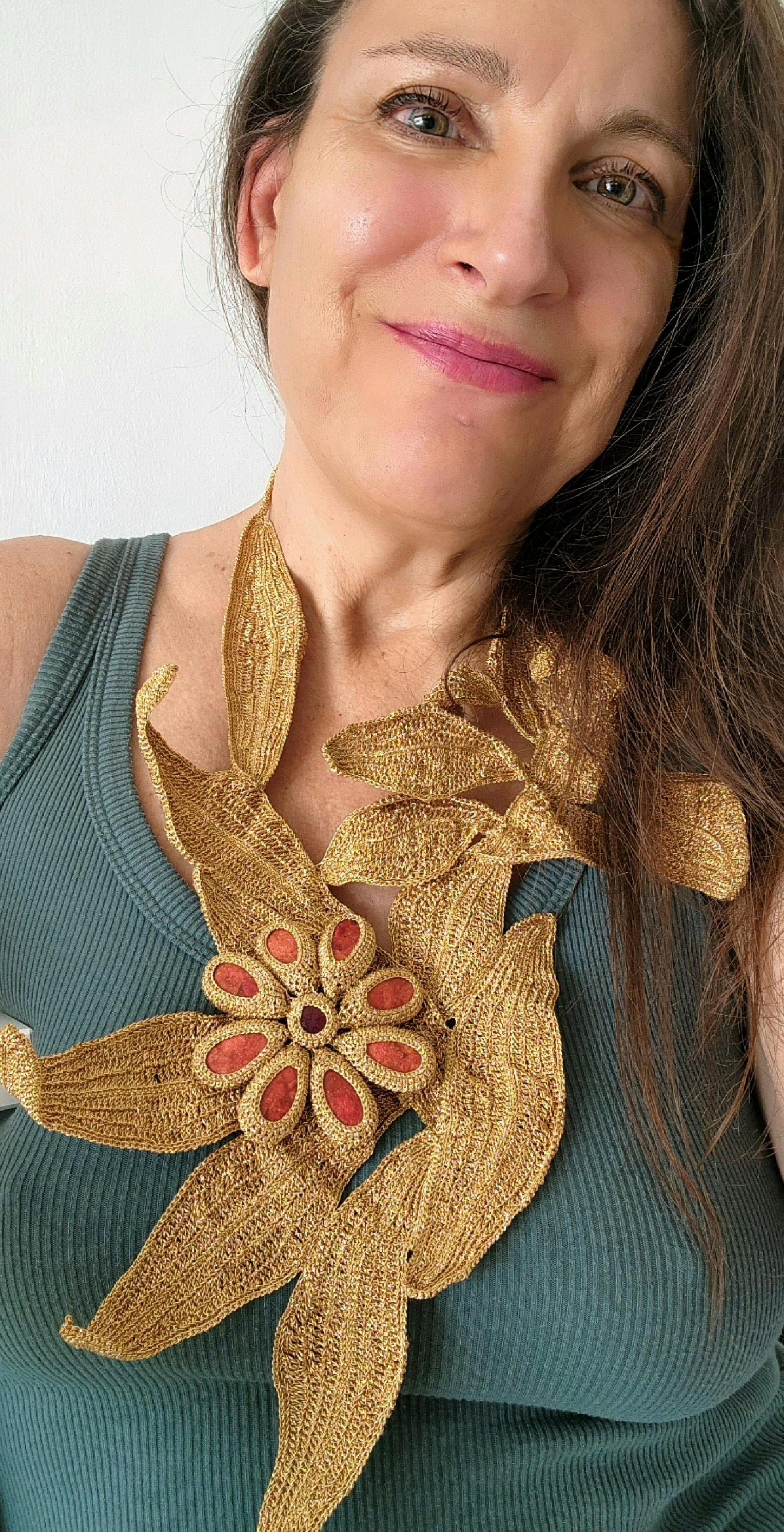 Pear Cut Dark Golden Crochet Leaves  Flower Necklace Red Corals For Sale