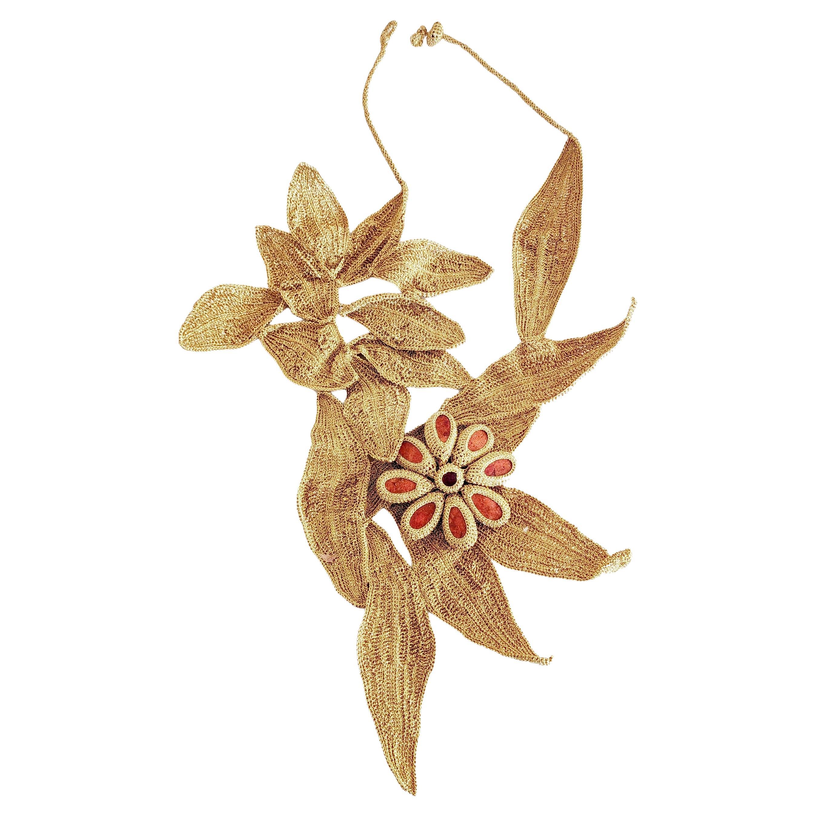 Dark Golden Crochet Leaves  Flower Necklace Red Corals For Sale
