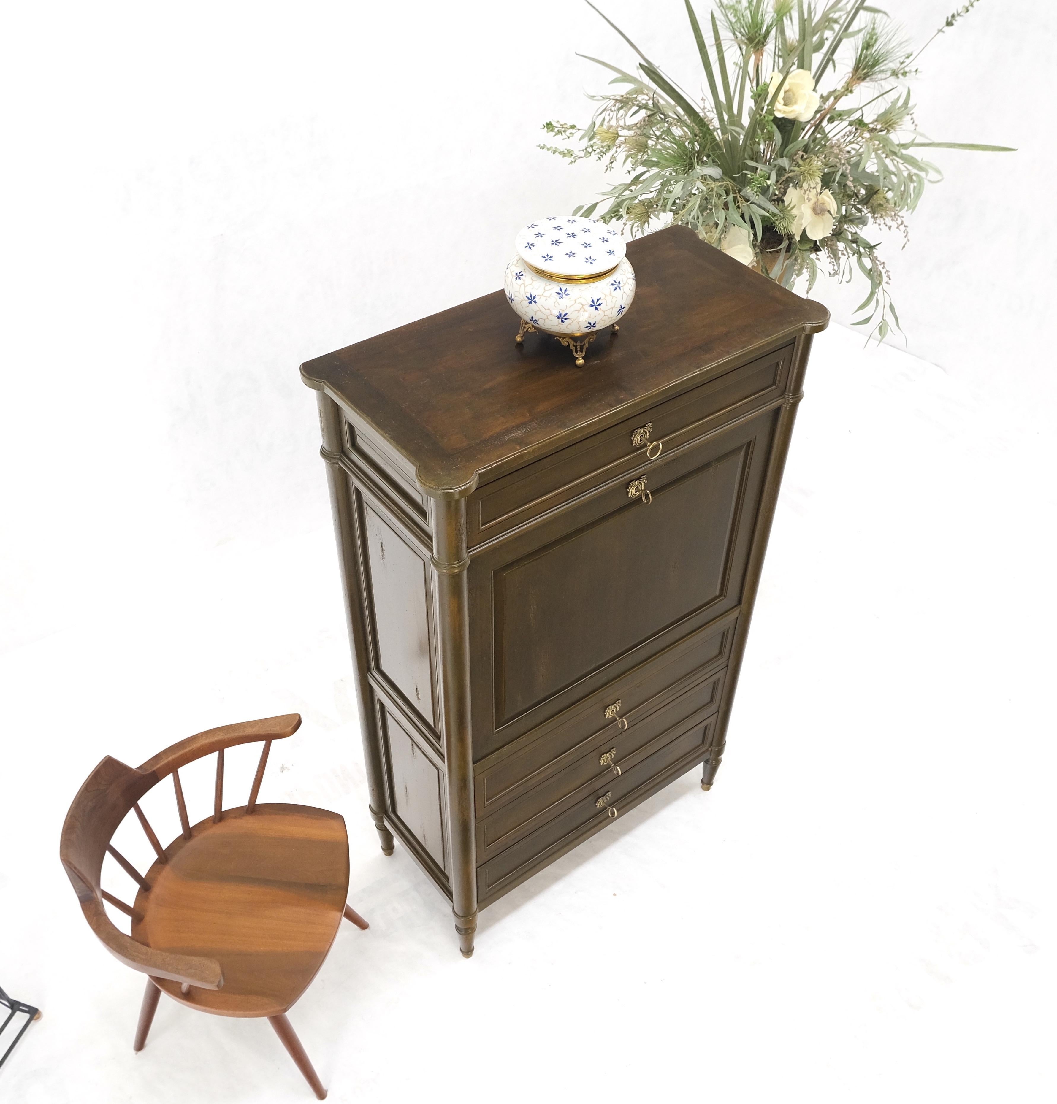 Dark Golden Olive Drop Front Secretary Desk High Chest Drawers Dresser Brass Key For Sale 3