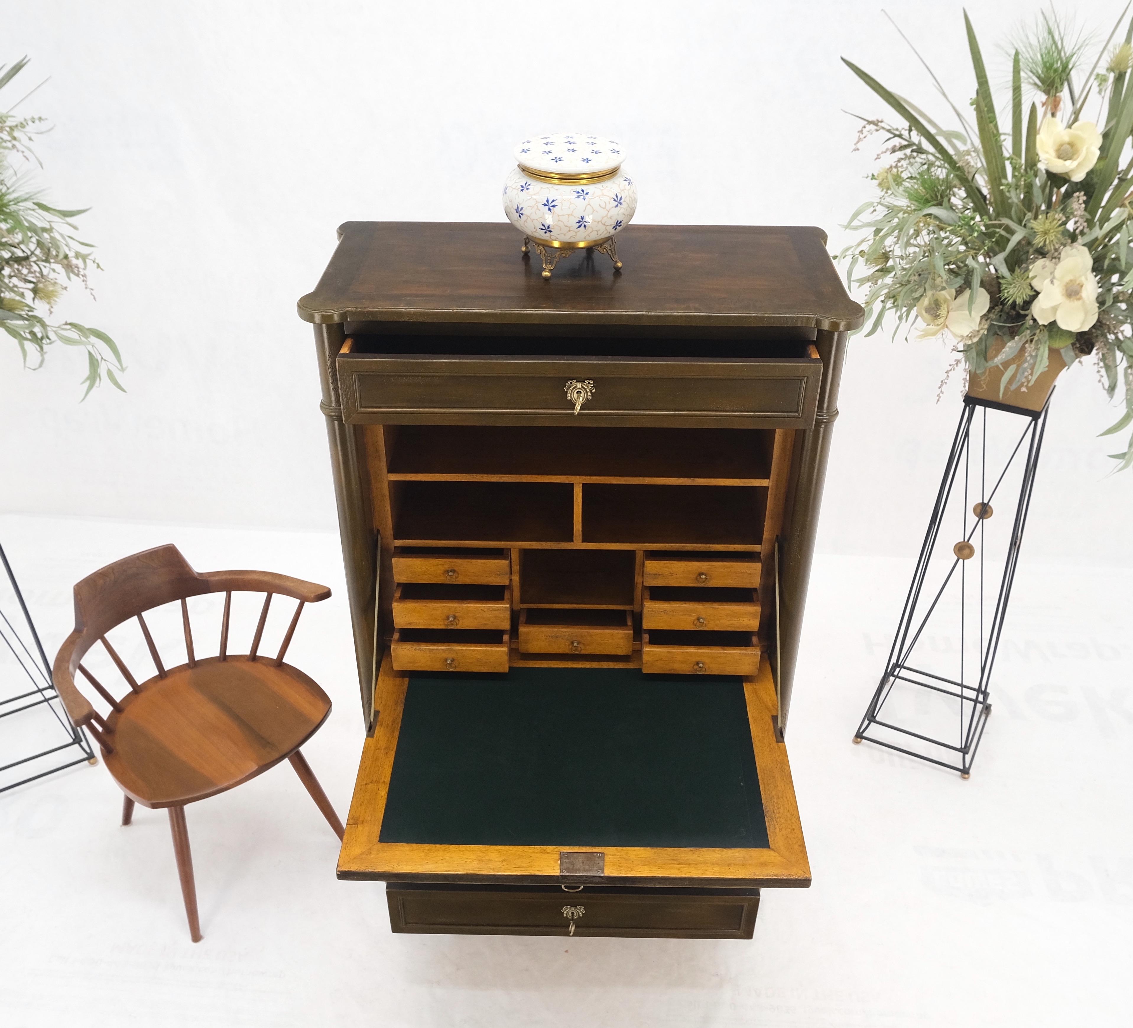 Dark Golden Olive Drop Front Secretary Desk High Chest Drawers Dresser Brass Key For Sale 4