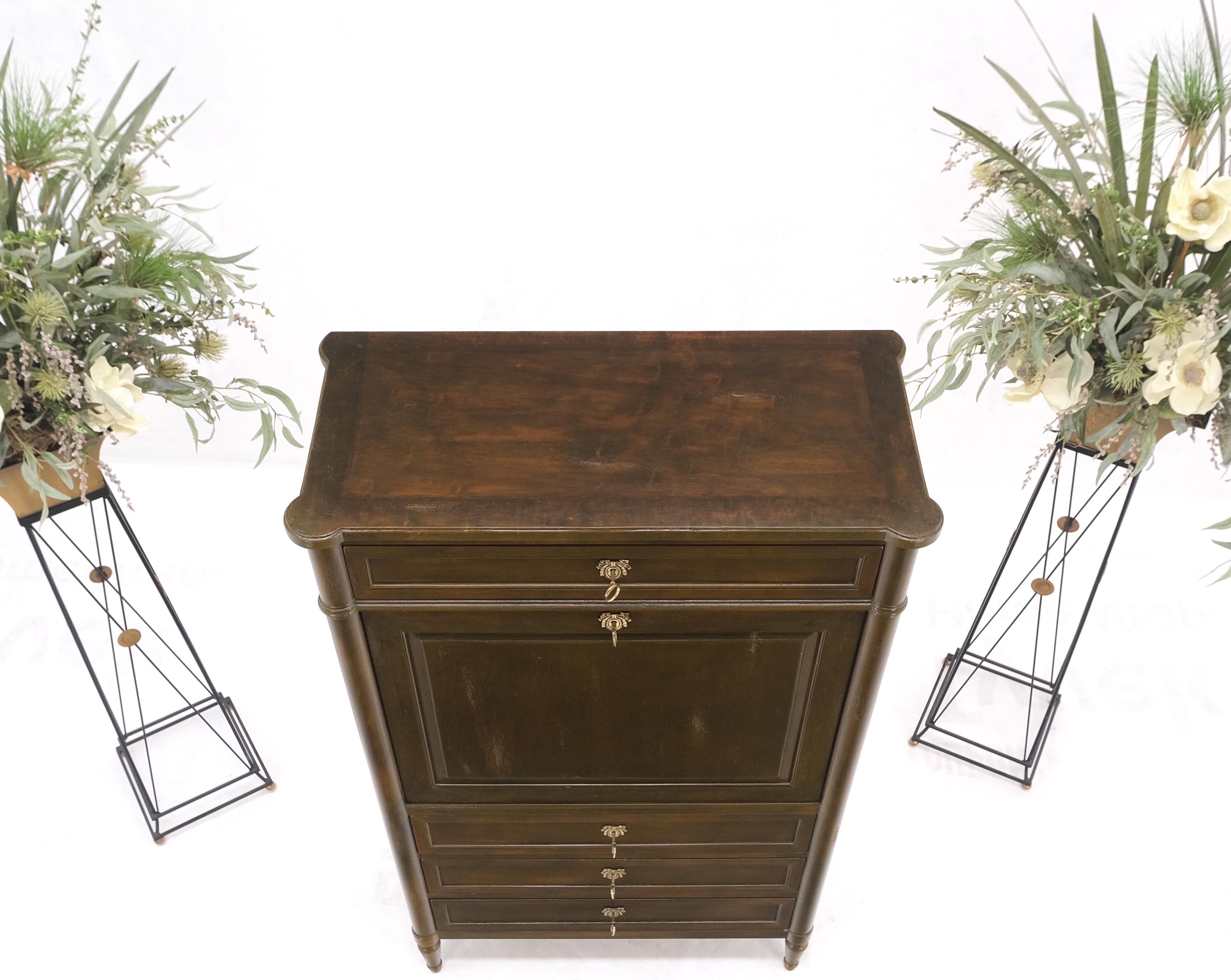 Dark Golden Olive Drop Front Secretary Desk High Chest Drawers Dresser Brass Key For Sale 6
