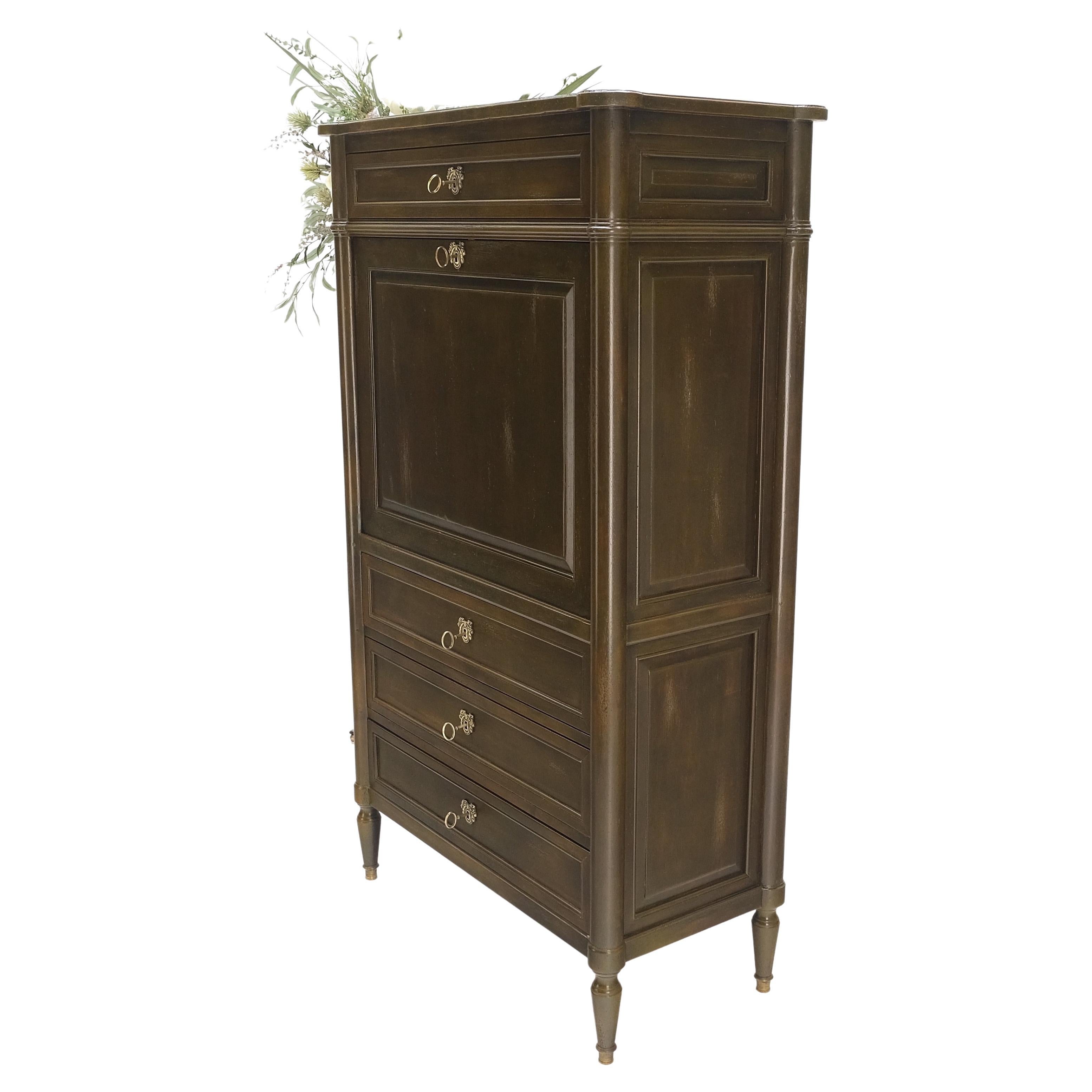 Mid-Century Modern Dark Golden Olive Drop Front Secretary Desk High Chest Drawers Dresser Brass Key For Sale