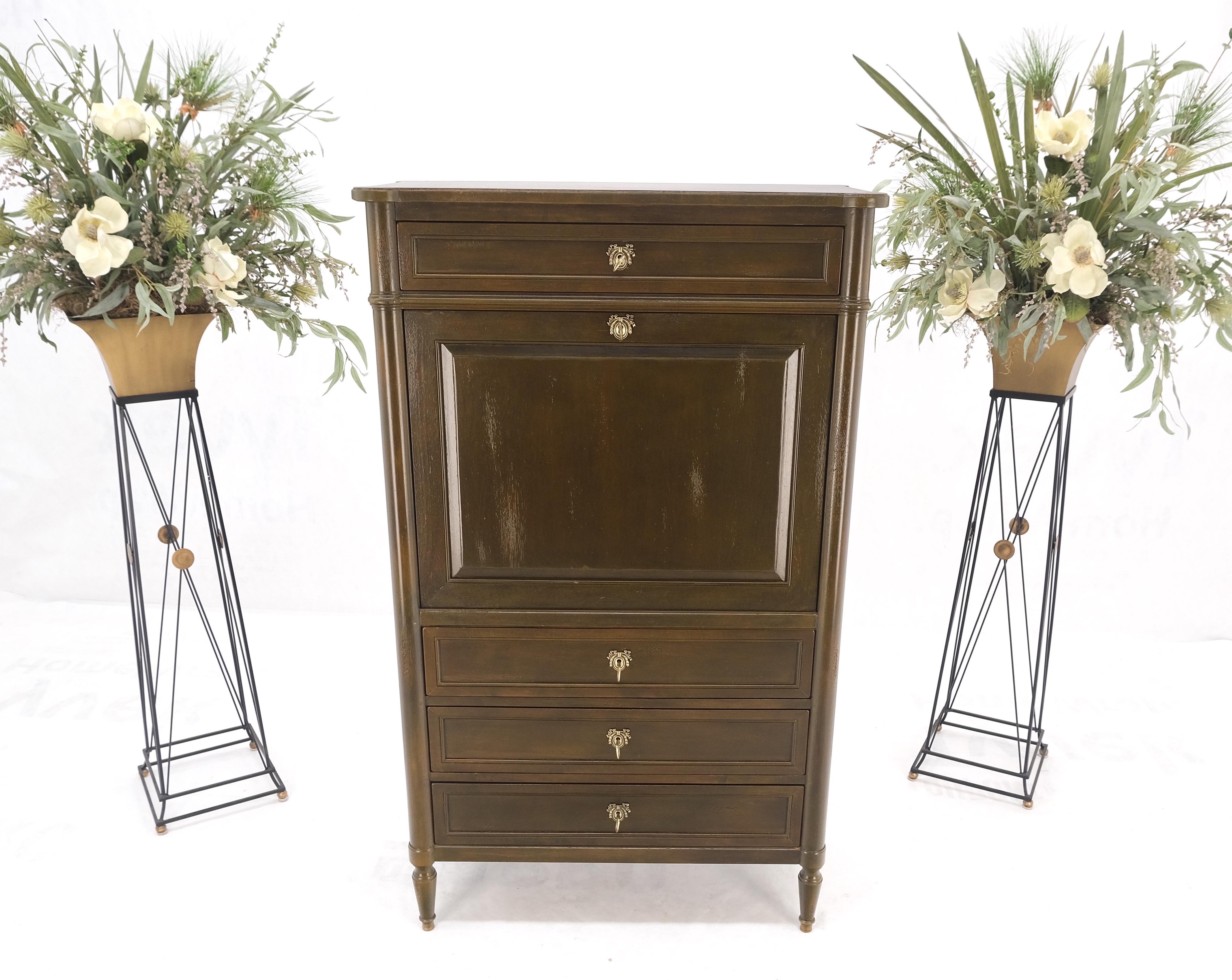 American Dark Golden Olive Drop Front Secretary Desk High Chest Drawers Dresser Brass Key For Sale