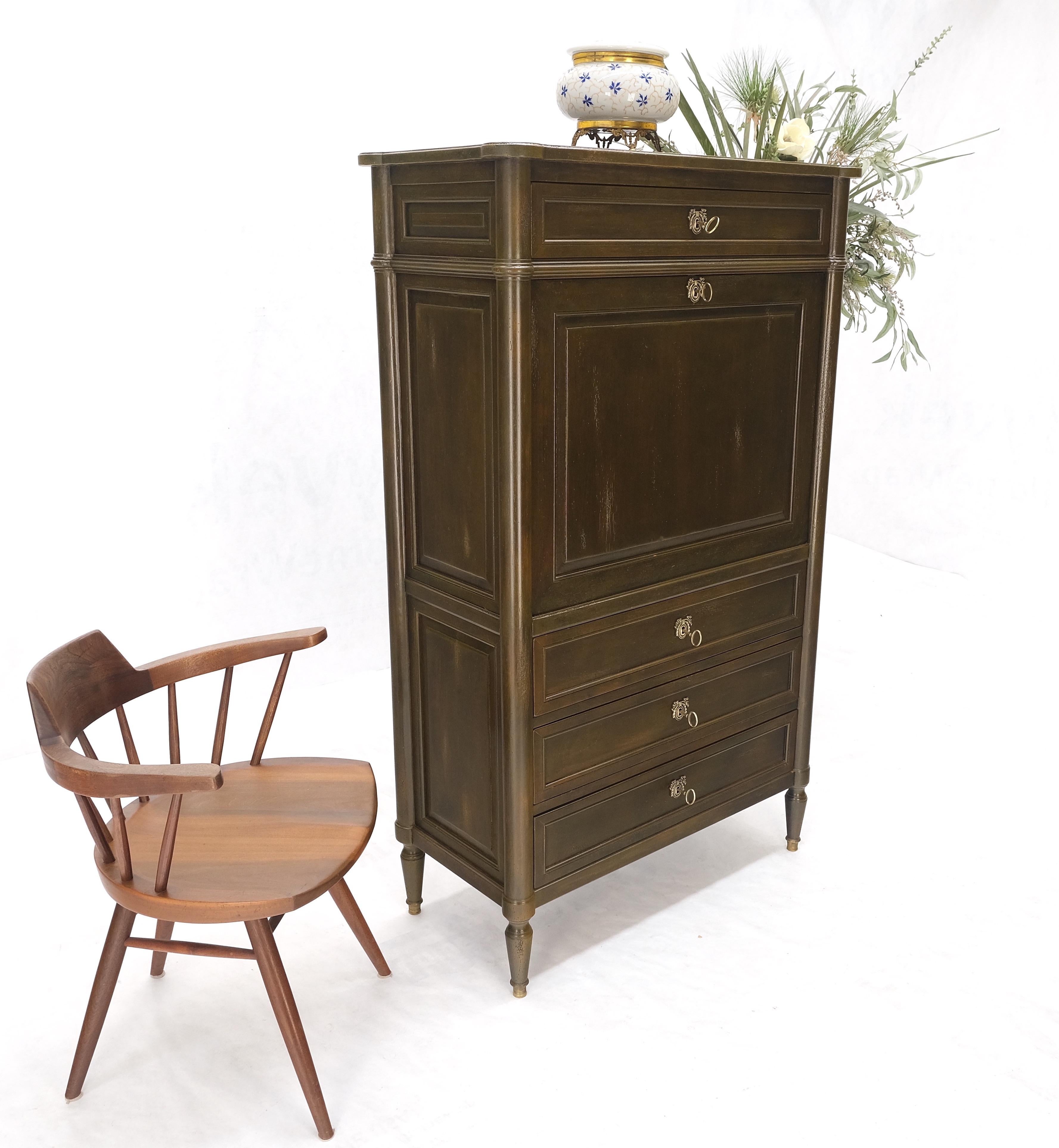 20th Century Dark Golden Olive Drop Front Secretary Desk High Chest Drawers Dresser Brass Key For Sale
