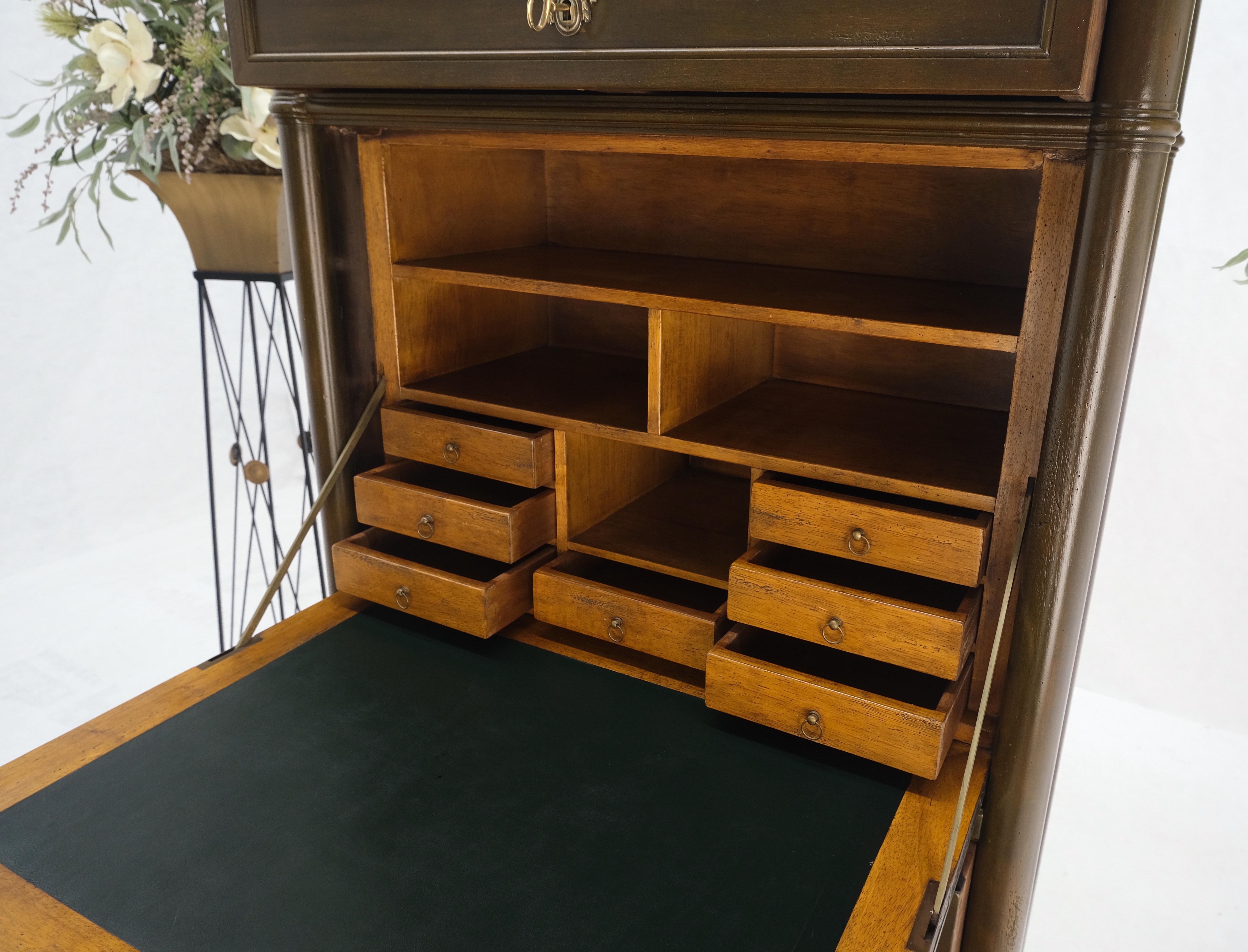 Dark Golden Olive Drop Front Secretary Desk High Chest Drawers Dresser Brass Key For Sale 2