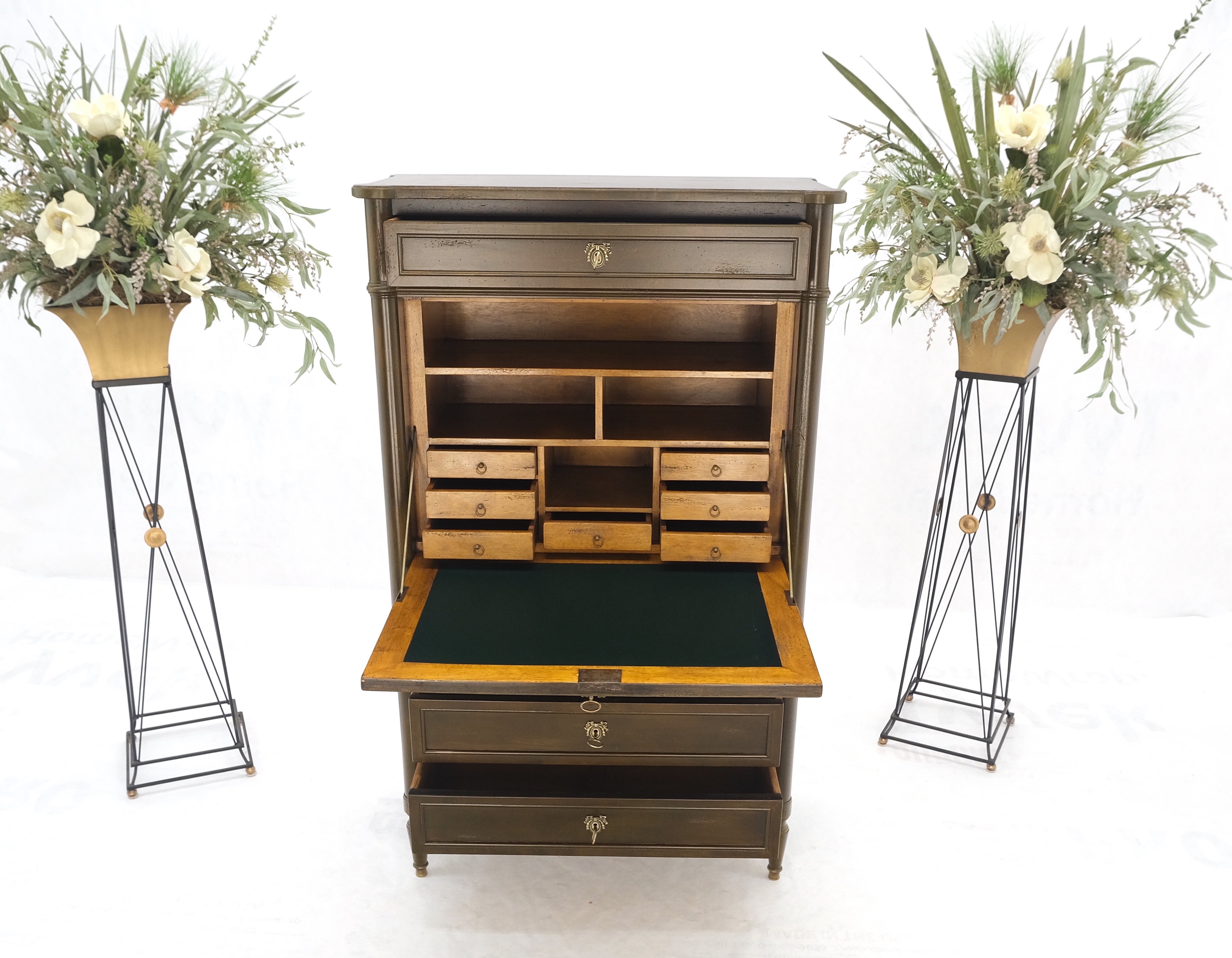 Dark Golden Olive Drop Front Secretary Desk High Chest Drawers Dresser Brass Key For Sale