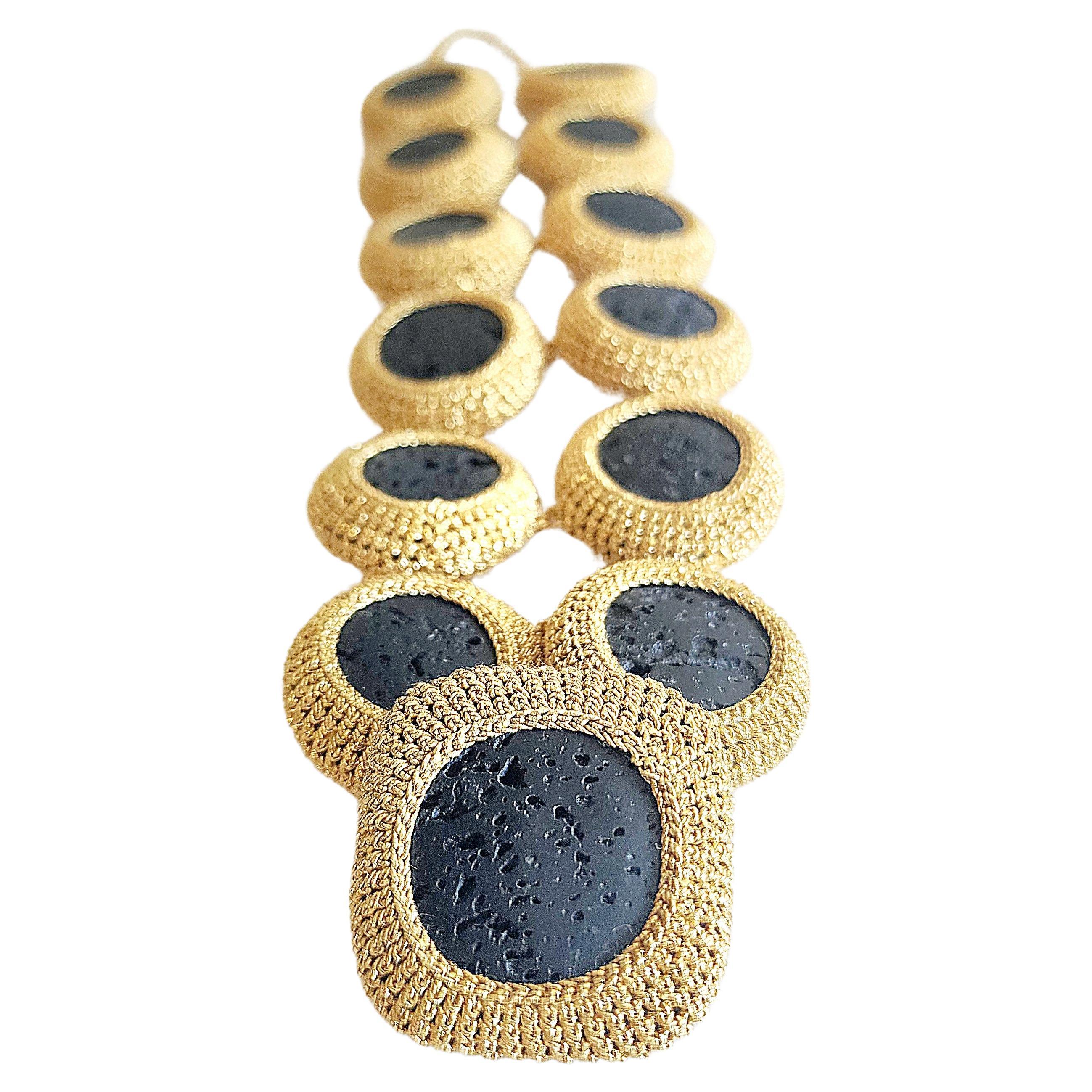 Dark Golden Thread Crochet Bracelet Black Natural Lava For Sale