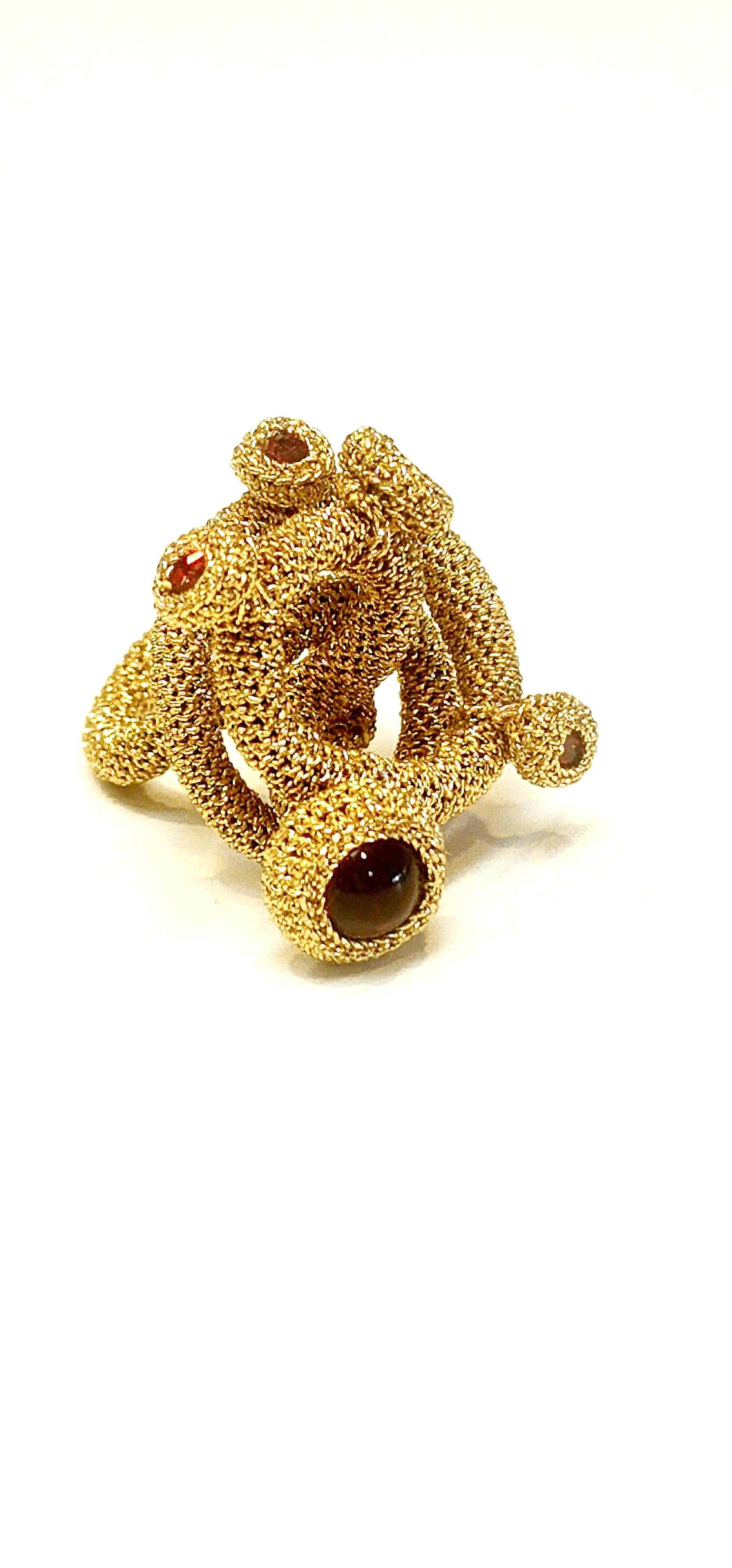 Artisan Dark Golden Thread Crochet Ring Red Crystals For Sale