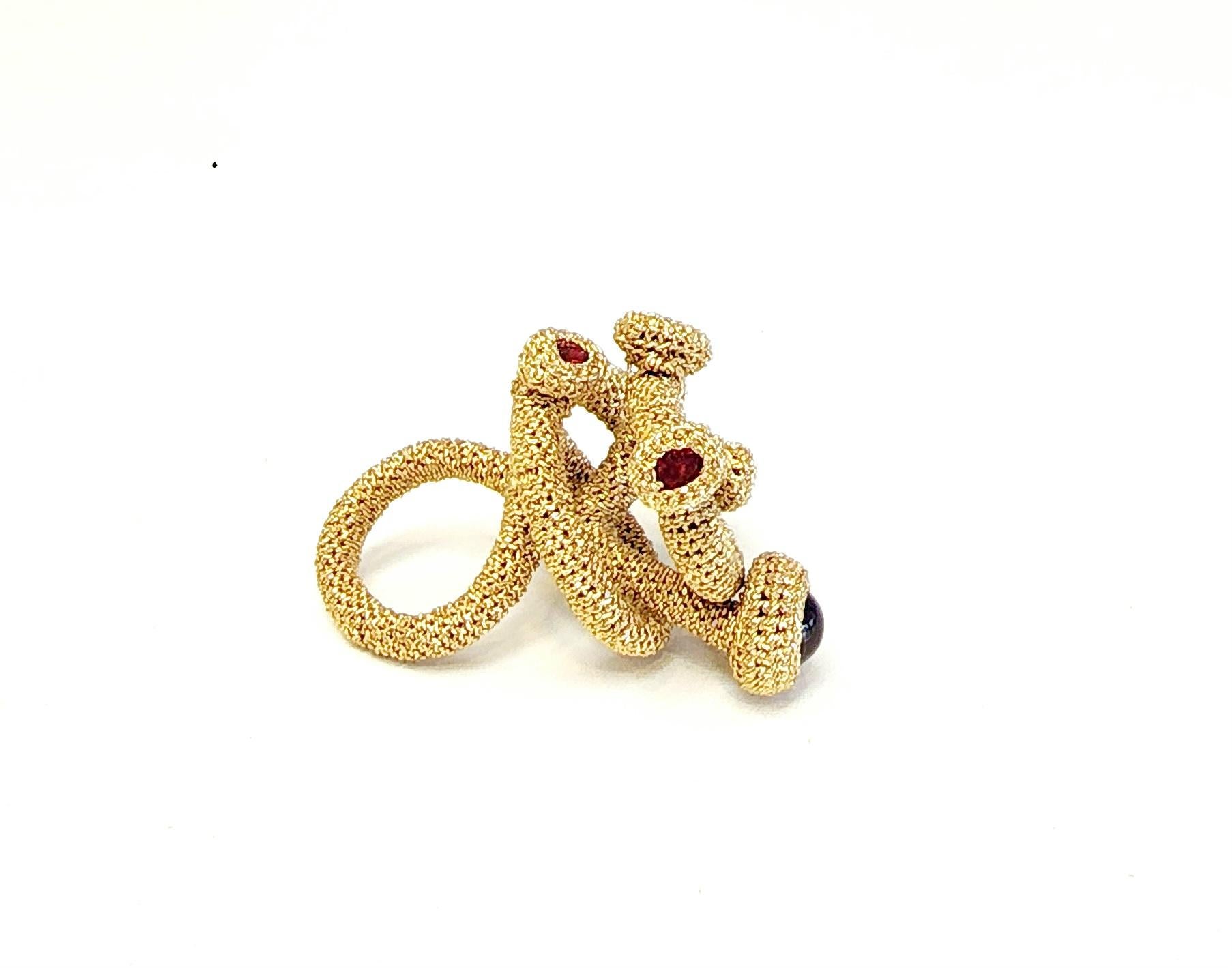 Mixed Cut Dark Golden Thread Crochet Ring Red Crystals For Sale