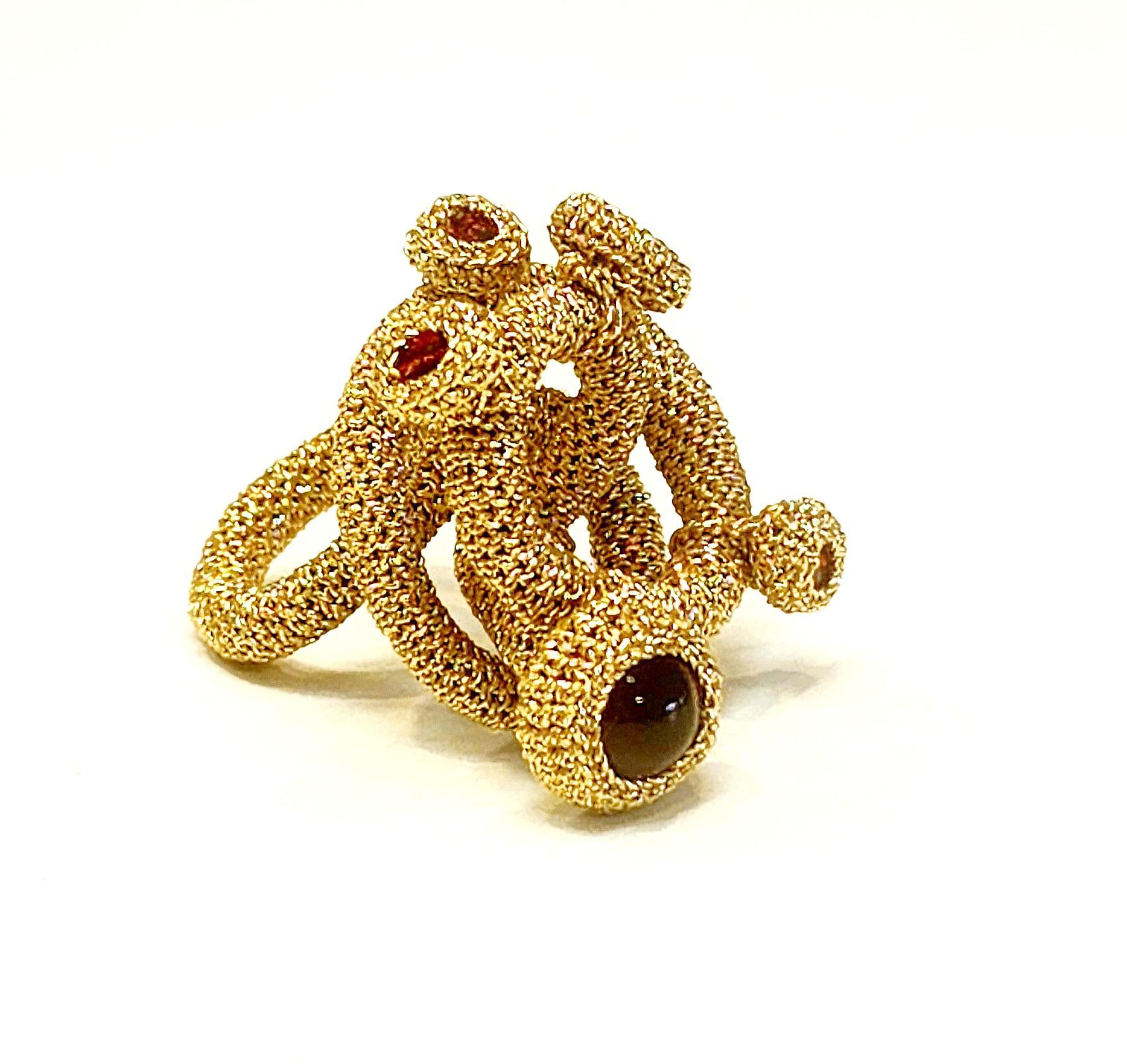 Dark Golden Thread Crochet Ring Red Crystals For Sale 2