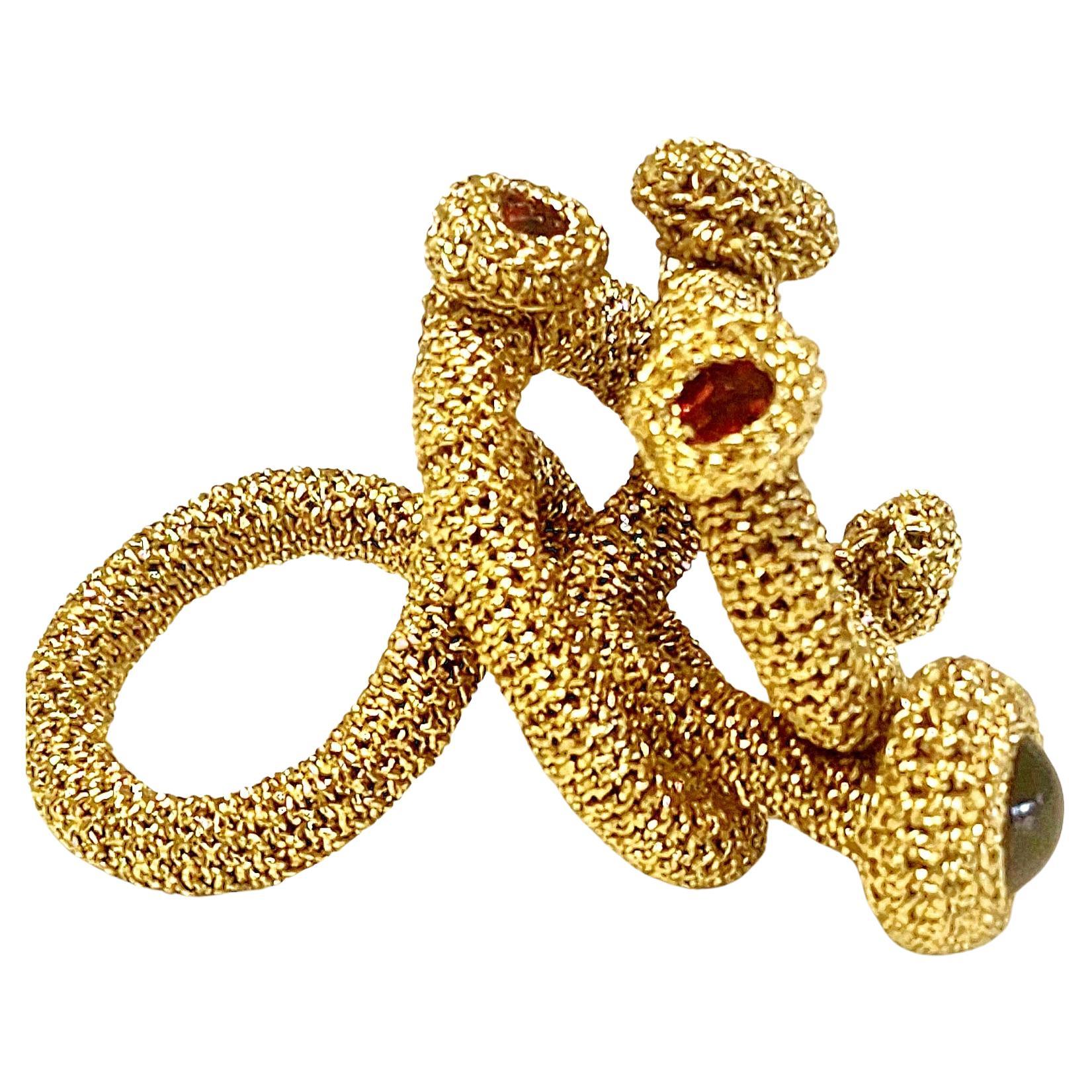 Dark Golden Thread Crochet Ring Red Crystals For Sale