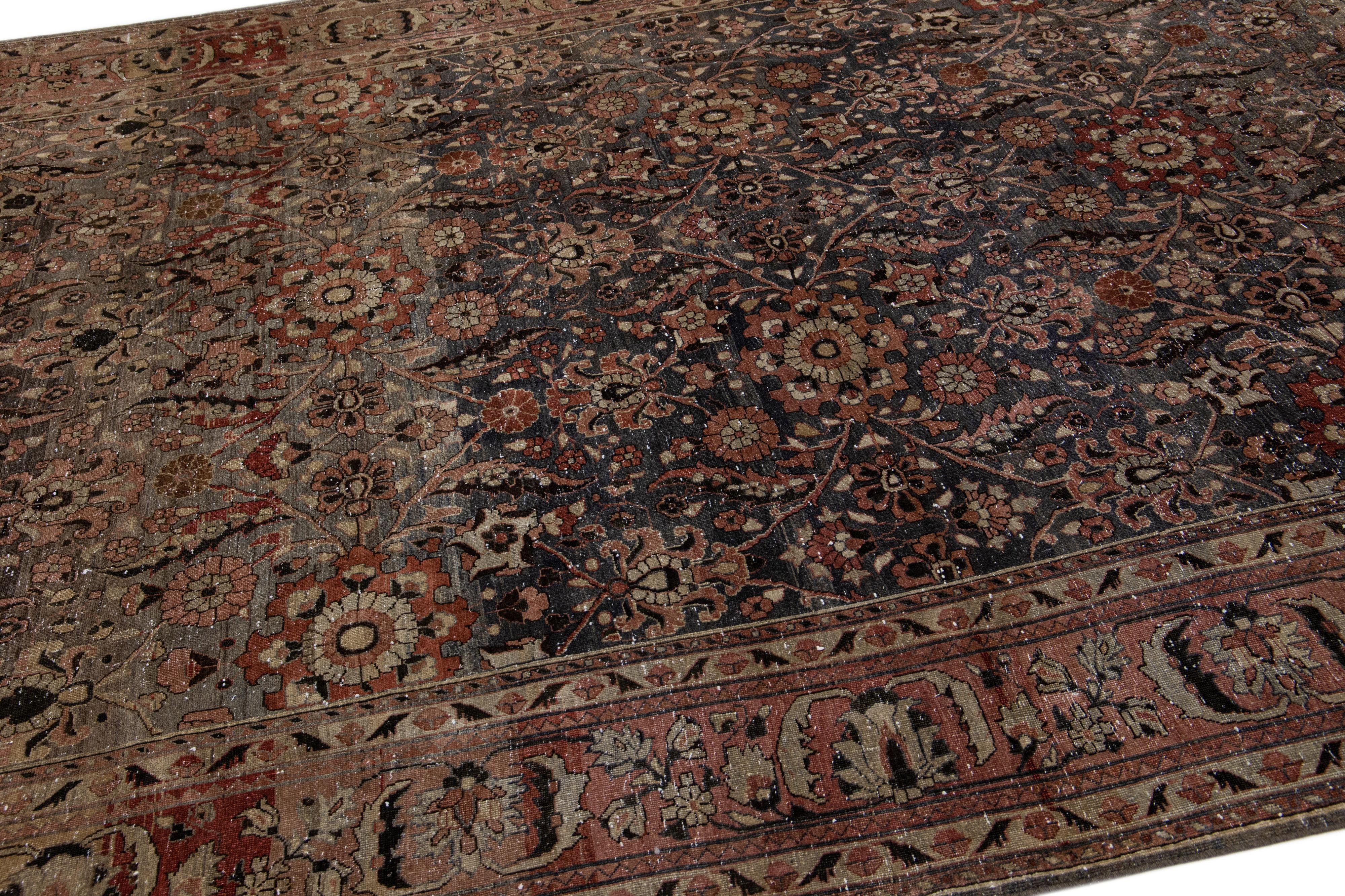 Hand-Knotted Dark Gray Antique Malayer Persian Gallery Wool Rug with Floral Design For Sale
