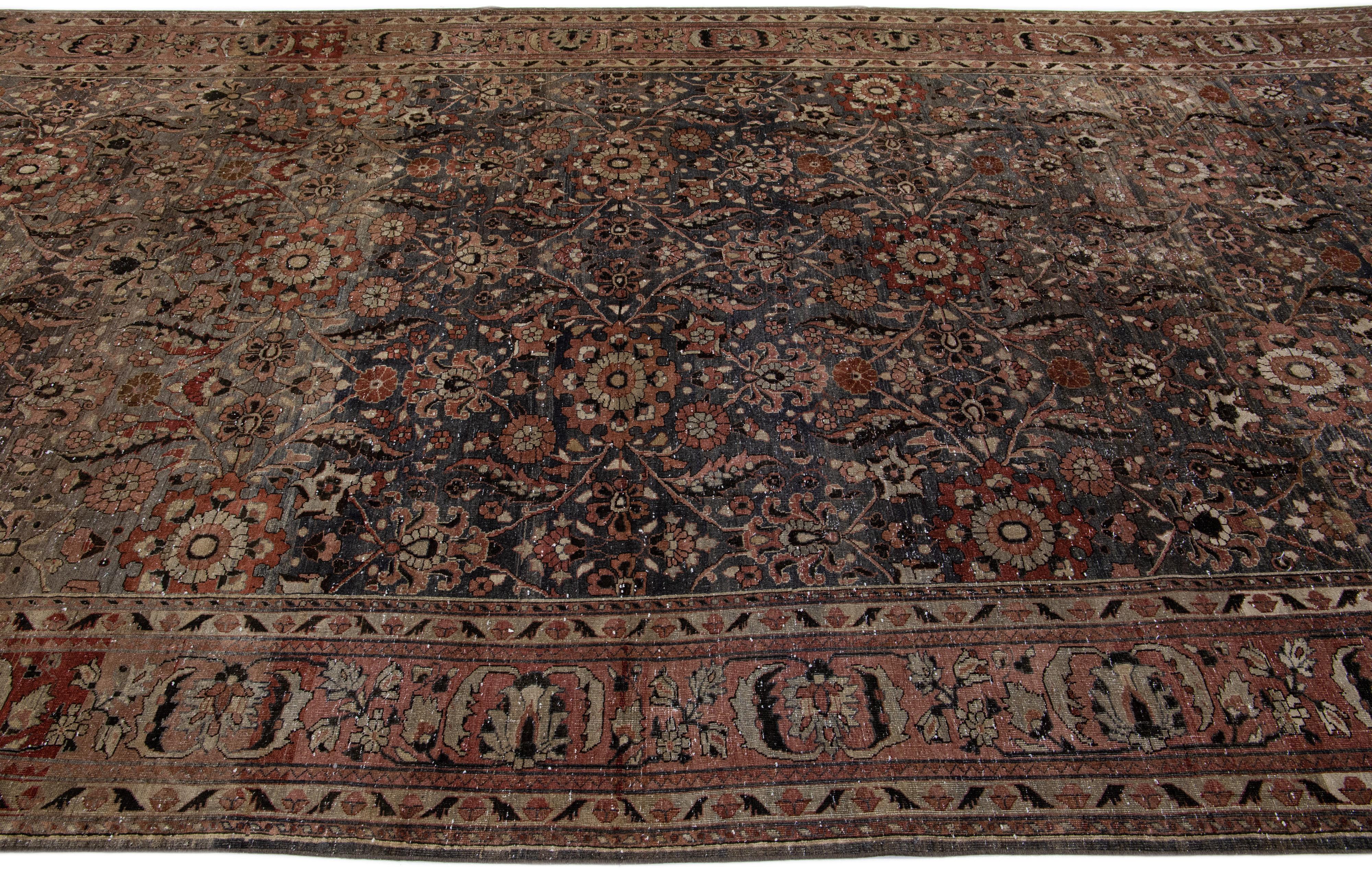 Dark Gray Antique Malayer Persian Gallery Wool Rug with Floral Design In Good Condition For Sale In Norwalk, CT