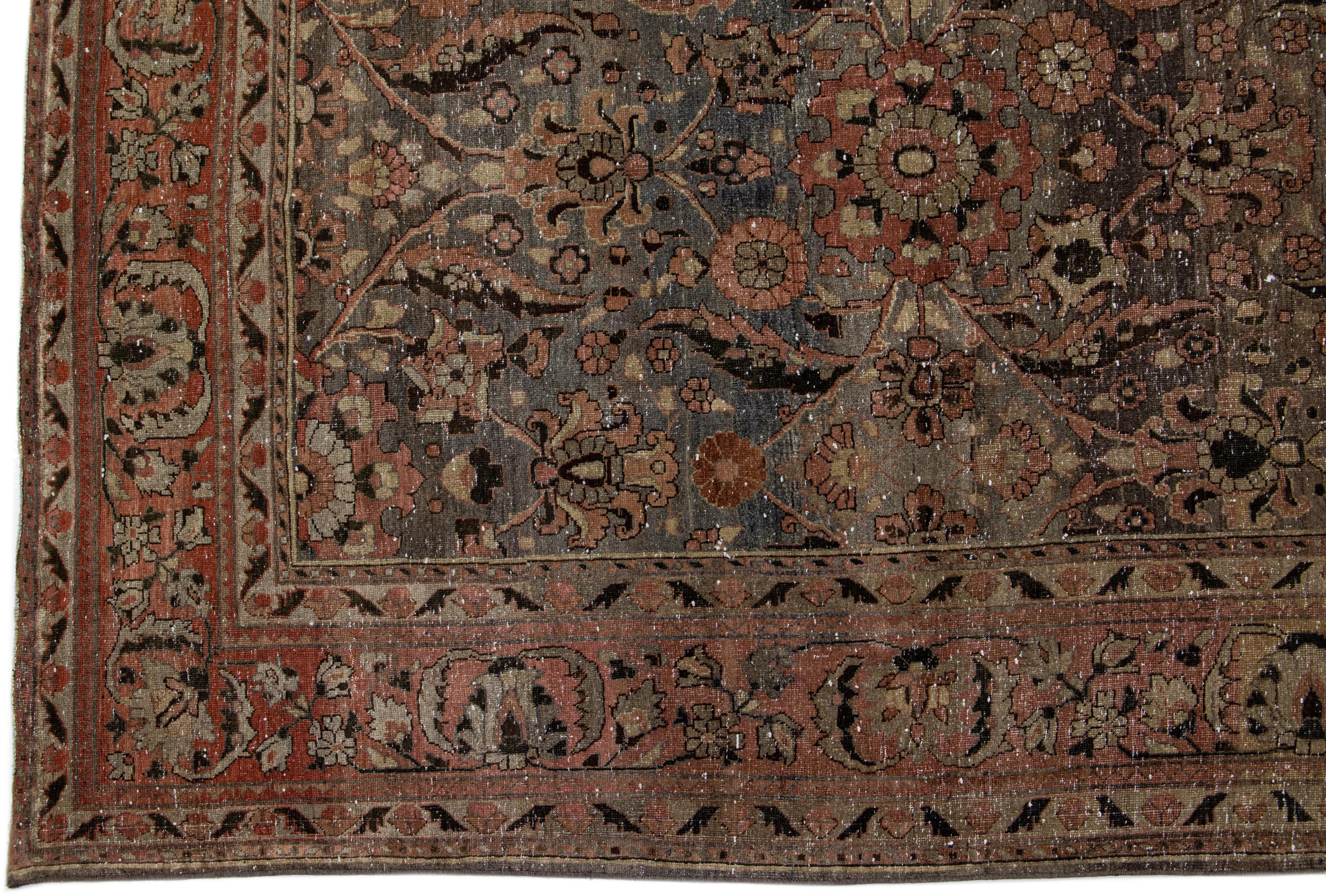 20th Century Dark Gray Antique Malayer Persian Gallery Wool Rug with Floral Design For Sale